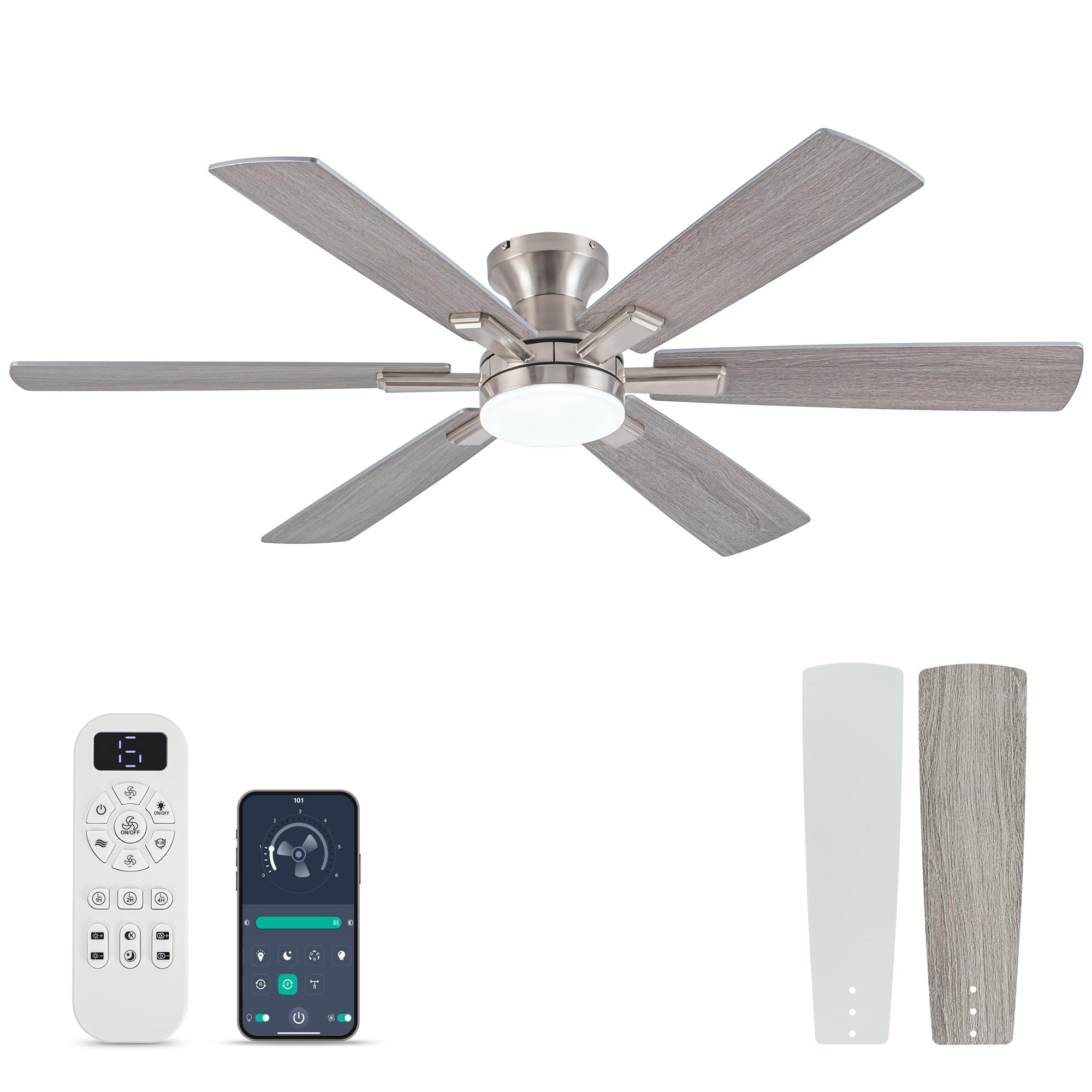 Photo 1 of Ceiling Fans with Lights and Remote Control, Brushed Nickel Flush Mount Ceiling Fan with Light 3-Color Dimmable, Memory for Lighting and Fan Reversible, 6-Speed, Timer, Indoor/Outdoor Use, 52 Inch
