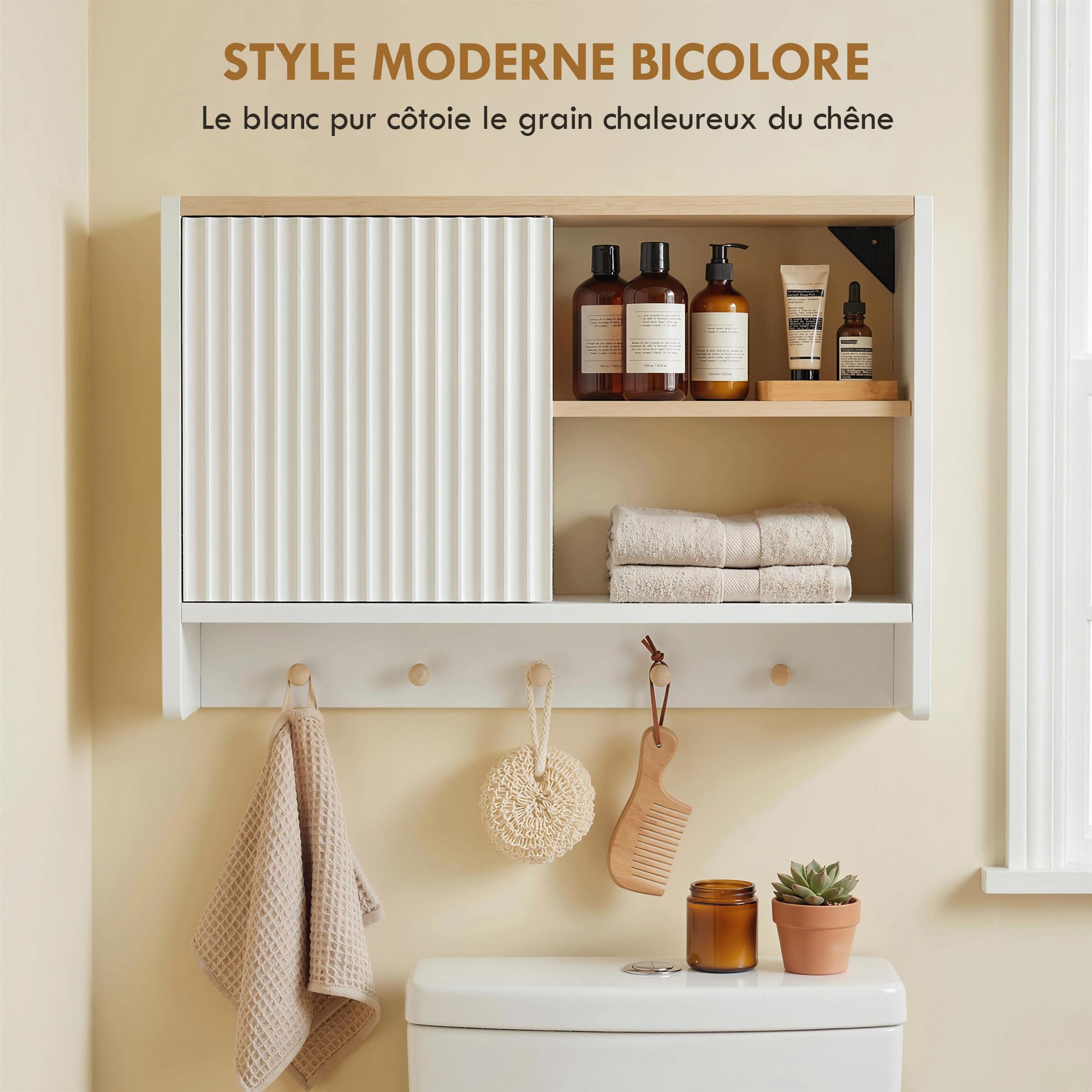HOMCOM Armoire Murale de Salle de Bain, Meuble de Rangement Suspendu pour Salle de Bains avec Porte, étagères Ouvertes et 5 Crochets, Meuble WC Suspendu, 60 x 20 x 40 cm, Blanc et chêne