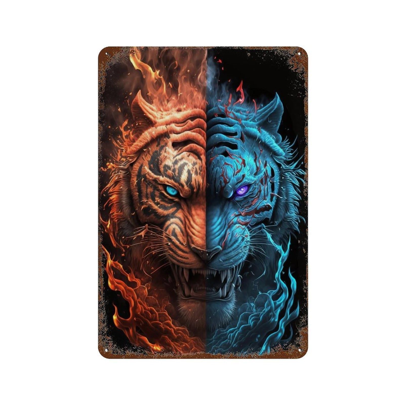 Fire Vs. Ice Tiger Art Print Vintage Metal Tin Sign 11.8"x7.9", Ideal for Living Room, Hallway And Home Decor