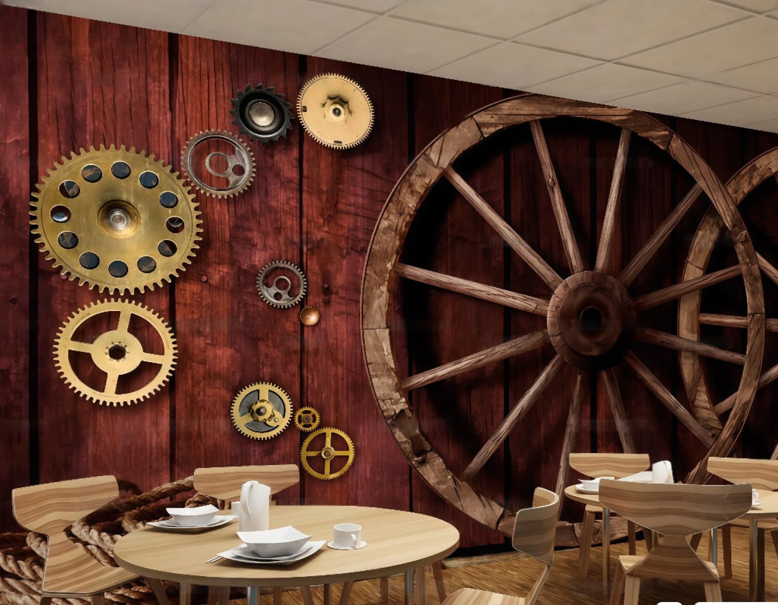 rskjdghshd Wallpaper Retro Nostalgic Wooden Slats Three-Dimensional Wheel Afternoon Tea Burger Shop Bar Background Wall Western Restaurant Wallpaper Cafe Mural,3D,250x175cm
