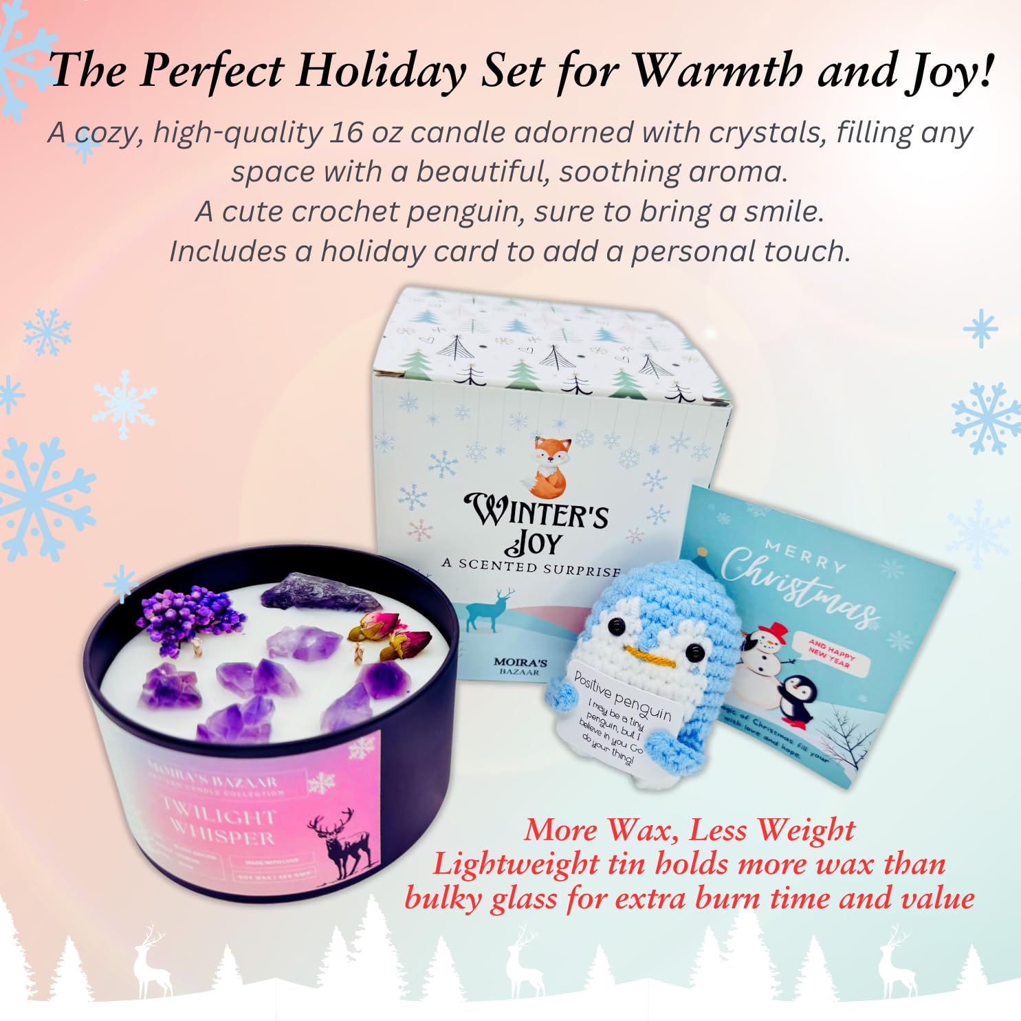 Moira's Bazaar Winter's Joy Gift Set – Includes 16 Oz Scented Candle with Crystals & Crochet Positive Penguin, Christmas, Holiday, or Motivational Gift, Artisanal Luxury Fragrances (Twilight Whisper)