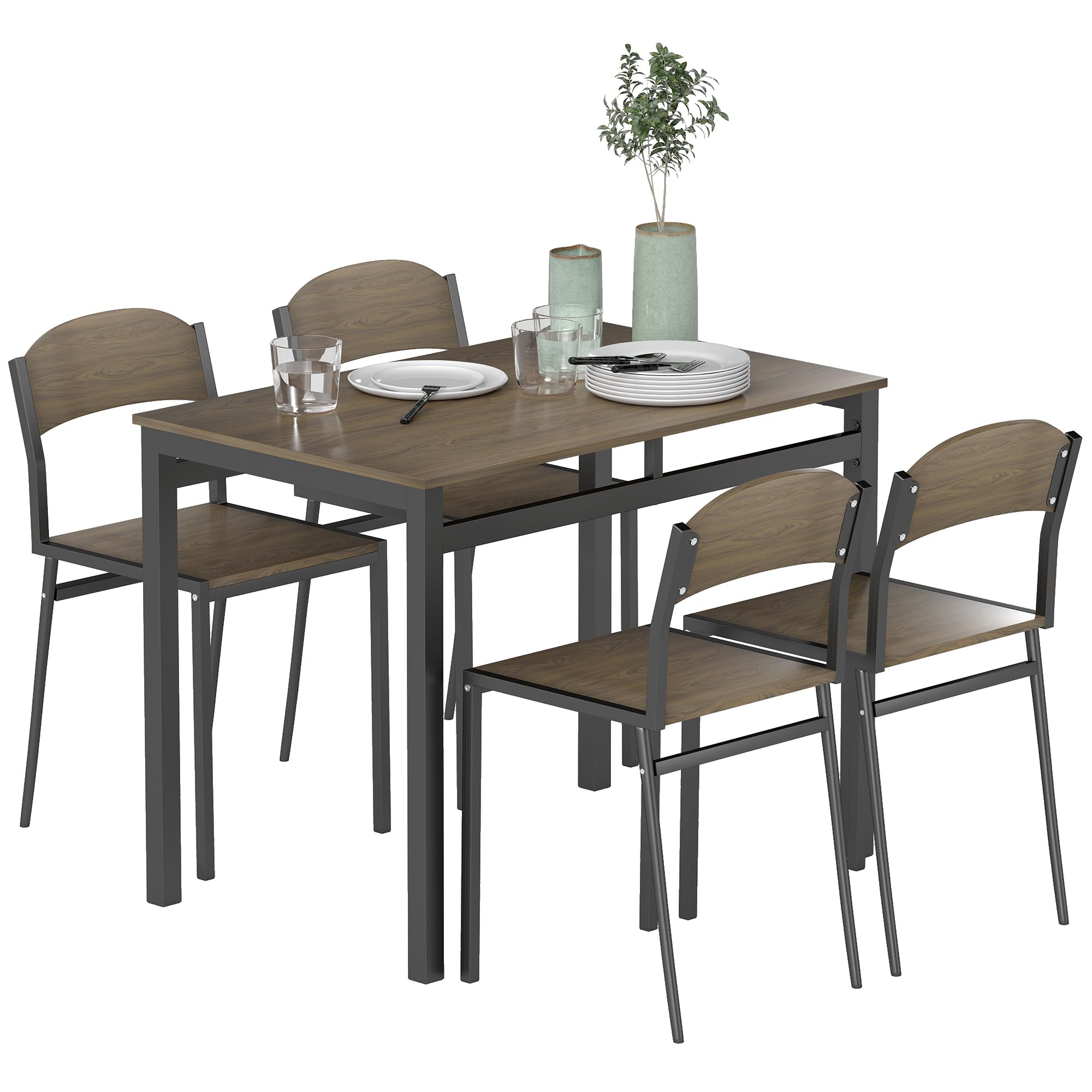 HOMCOM Juego de Mesa y Sillas de Comedor, Mesa de Cocina Rectangular con 4 Sillas, Estilo Moderno, Marco Metálico, para Espacios Pequeños, Salón, Marrón Oscuro y Negro