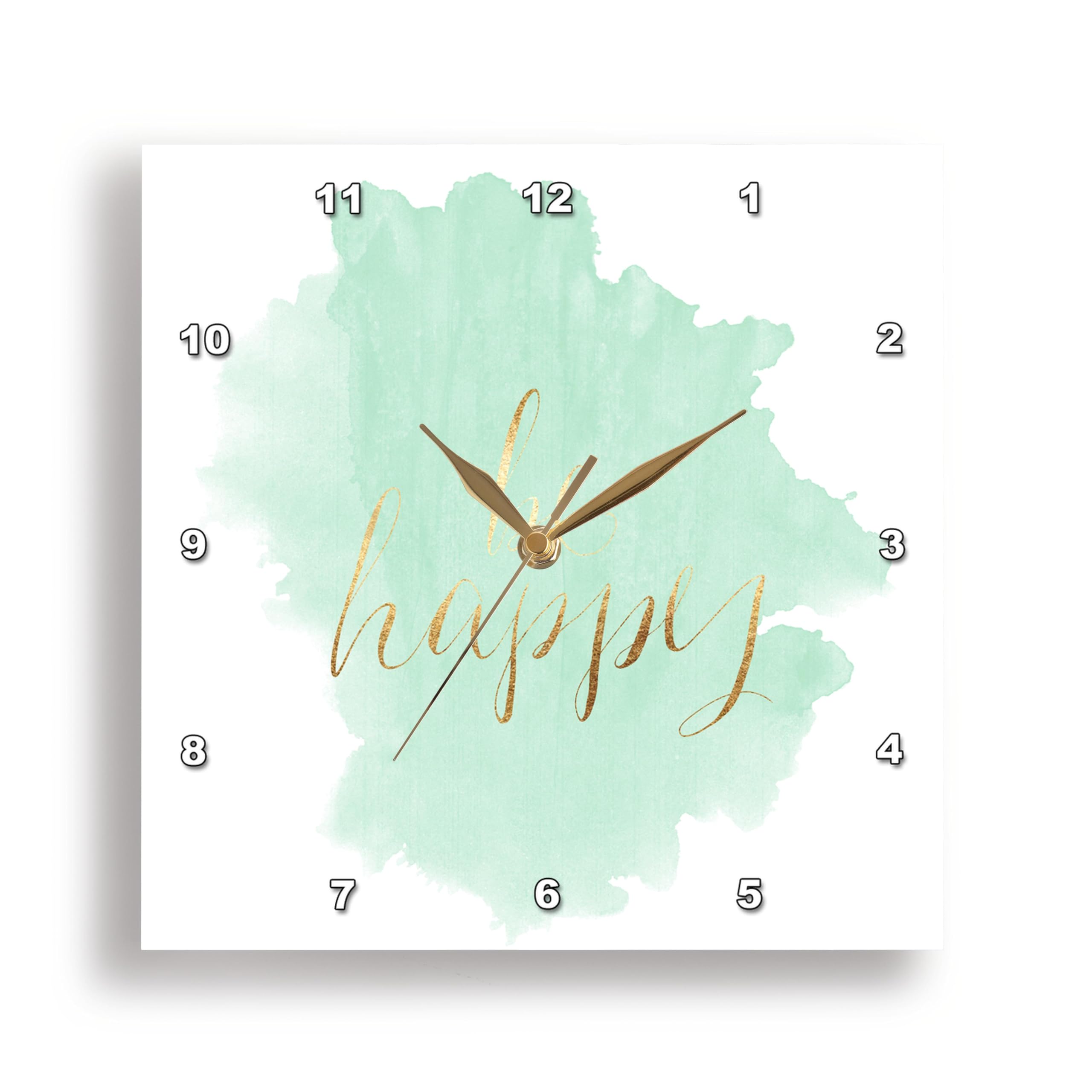 3dRose Wall Clock Silent - 13 inch - Mint Watercolor Gold Be Happy - PS Inspiration