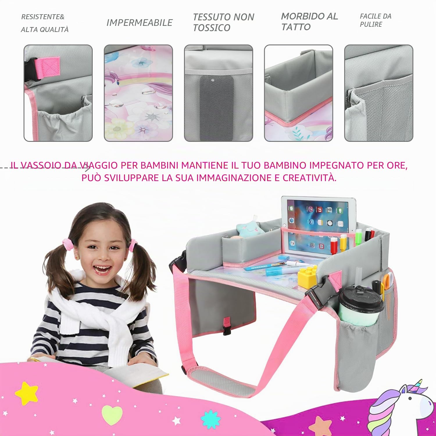Vassoio da Viaggio per auto e aereo - Tavolino attività portatile con Supporto per Tablet e Copertura Protettiva - Organizer Auto Impermeabile e Pieghevole