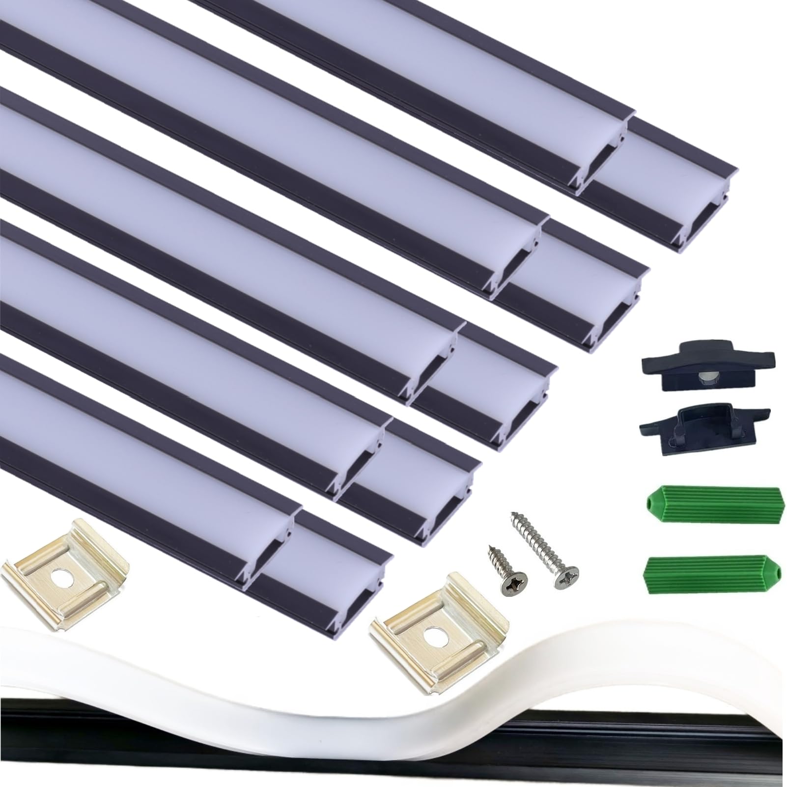 10-pack 3.3ft recessed strip black channel with continuous silicone diffuser , flexible seamless milky cover led ribbon tape track, wardrobe bookcase cabinet embedded aluminum low profile (10, black)