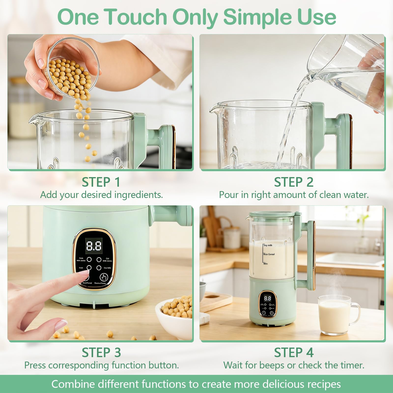Machine à lait de soja 800 ml, préparateur de lait végétal, tête de broyage inox 20 lames, menus intelligents, sécurité enfant, arrêt automatique, maintien au chaud, auto-nettoyage