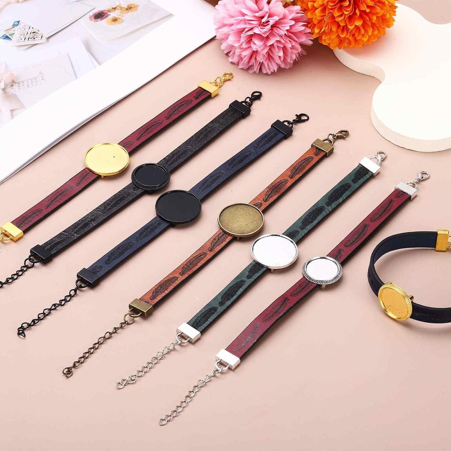 MECCANIXITY Bracelet Blanks for Jewelry Making 6pcs 18/25mm Blue/Bronze Color Adjustable Alloy Round Bezel Tray Base Settings with 18/25mm Clear Glass Multi - Image 6