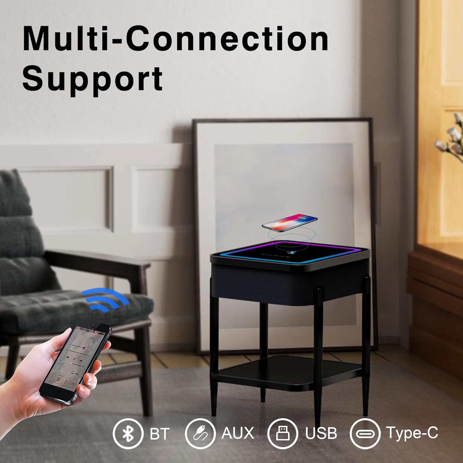 LED Smart Nightstand with Bluetooth Speaker & Wireless Charging, Modern End Table with RGB Lights, Tempered Glass Touch Panel, USB/Type-C/AUX Ports, Easy Assembly, 65W HiFi Sound System, Black