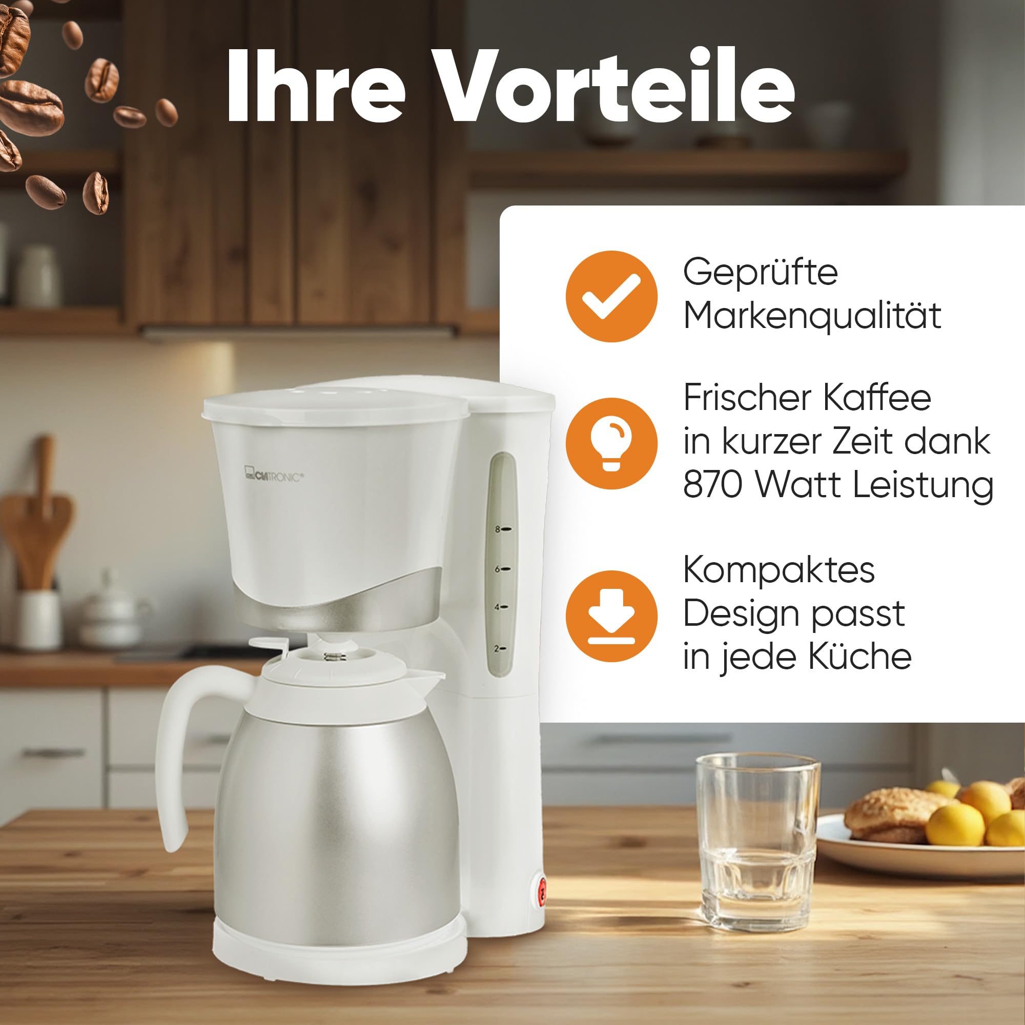 Clatronic KA 3327 - Cafetera eléctrica de goteo automática con jarra termo, máquina café de filtro capacidad 8 a 10 tazas, 1 litro, función de mantenedora calor, 870 W, color blanca