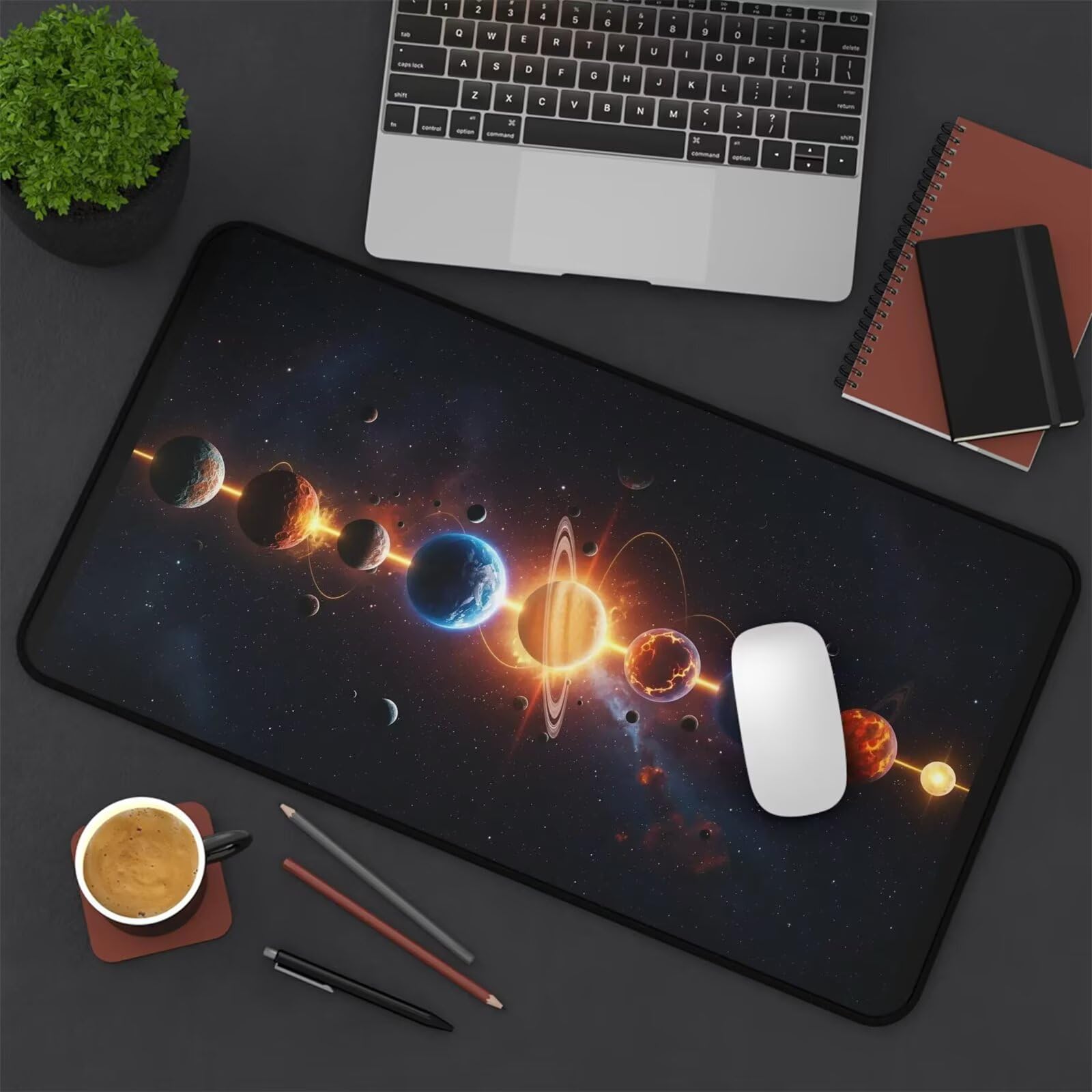 Grand Tapis de Souris de Jeu 900x400x3 mm Mouse Pad Gaming Planètes Spatiales Tapis de Bureau Antidérapant avec Bords Cousus pour Bureau, Études, Gamer