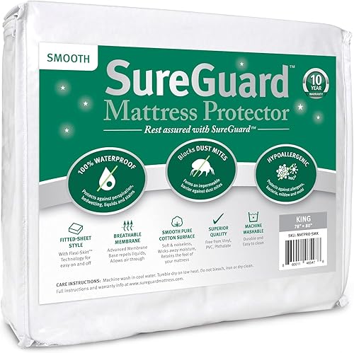 SureGuard - Protector de colchón tamaño King, 100% impermeable, hipoalergénico, funda de algodón ajustable de alta calidad, suave