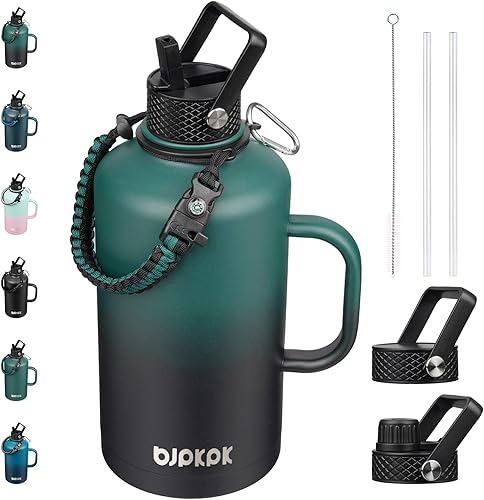 Miniatura 35 de BJPKPK Botella de agua de 1 galón aislada con tapa con pajita, 50oz, 64oz, 87oz, 128oz grande, botellas de agua de acero inoxidable con 3 tapas y