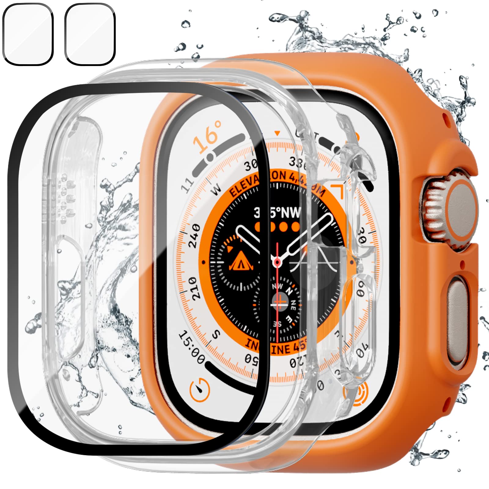 Photo 1 of 2+2 Pack Case for Apple Watch Ultra 49mm Screen Protector,JZK 2 Hard PC Protective Bumper Case + 2 HD Tempered Glass Screen Protector Film Cover for iwatch Ultra 49mm Accessories,Orange+Clear Orange/Clear Apple watch ultra 49mm