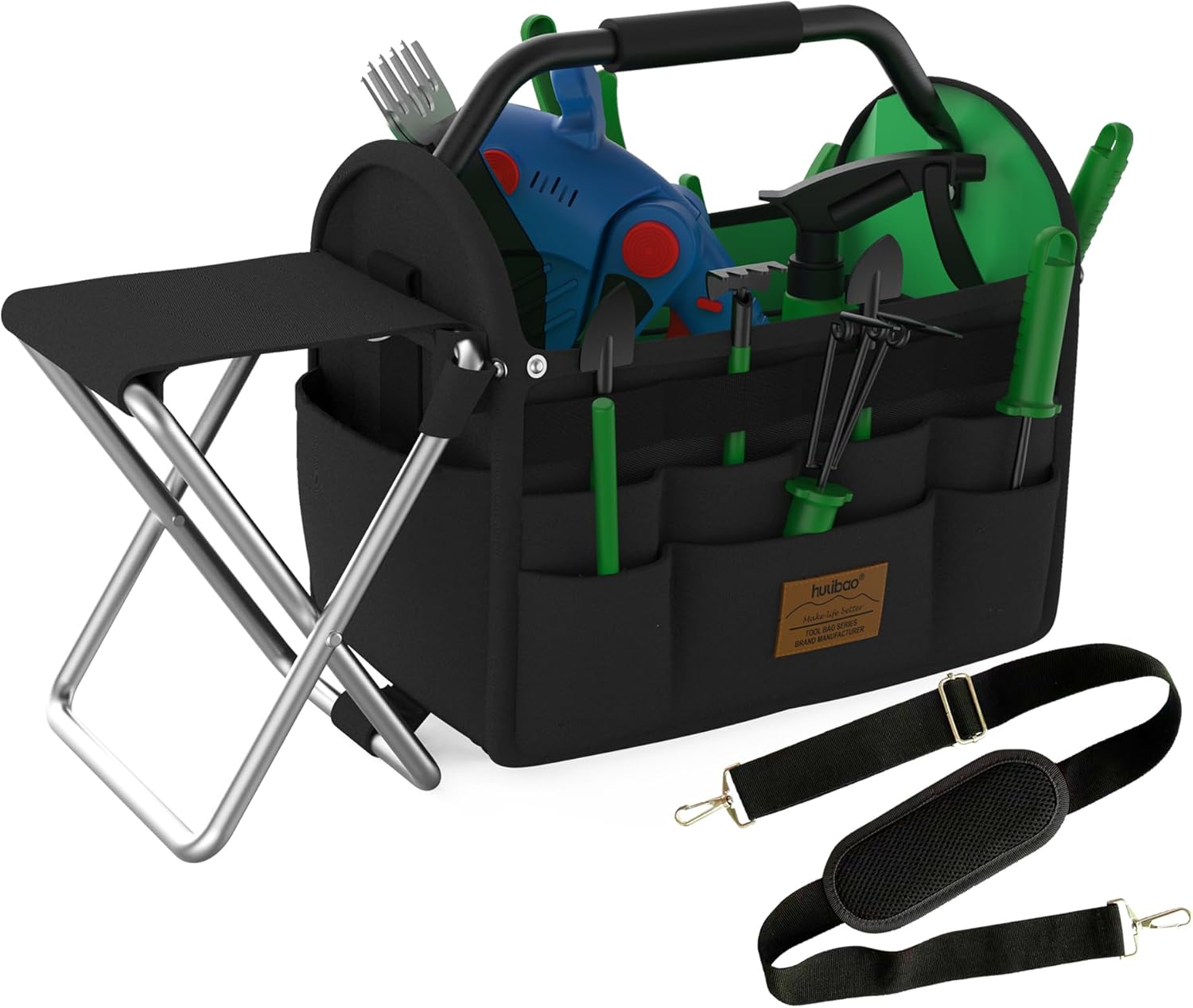 14 Inch Tool Bag, Gardening Tool Bag, Waterproof Fabric, Gardening Stool Relieve Fatigue Gardening Work, Tote Tool Storage Bag, Foldable Metal Handle with Shoulder Strap Black+Green 14 INCH