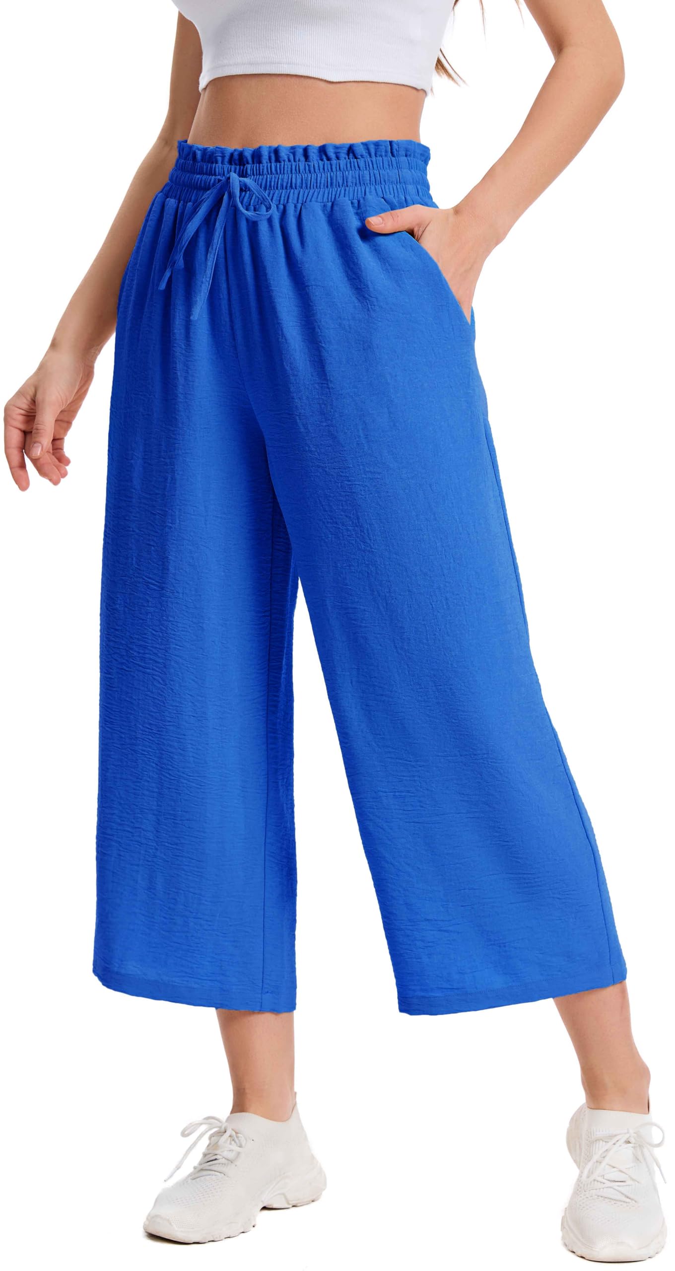 WUWUSKY Damen 3/4 Culotte Hose Leichte Sommerhose mit Taschen | Atmungsaktives Stoff Caprihose für Damen
