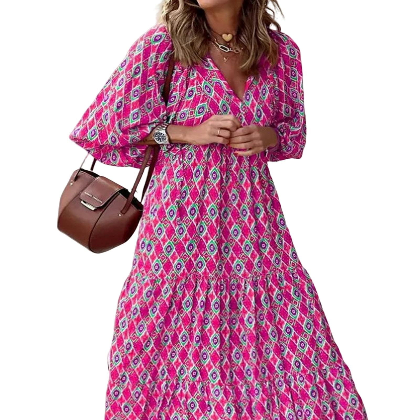 Vestidos Mujer Corte Holgado Casual Verano Cuello en V Media Manga Bohemia Patrón Geométrico Maxi Vestidos Largos YYEFNMAZ