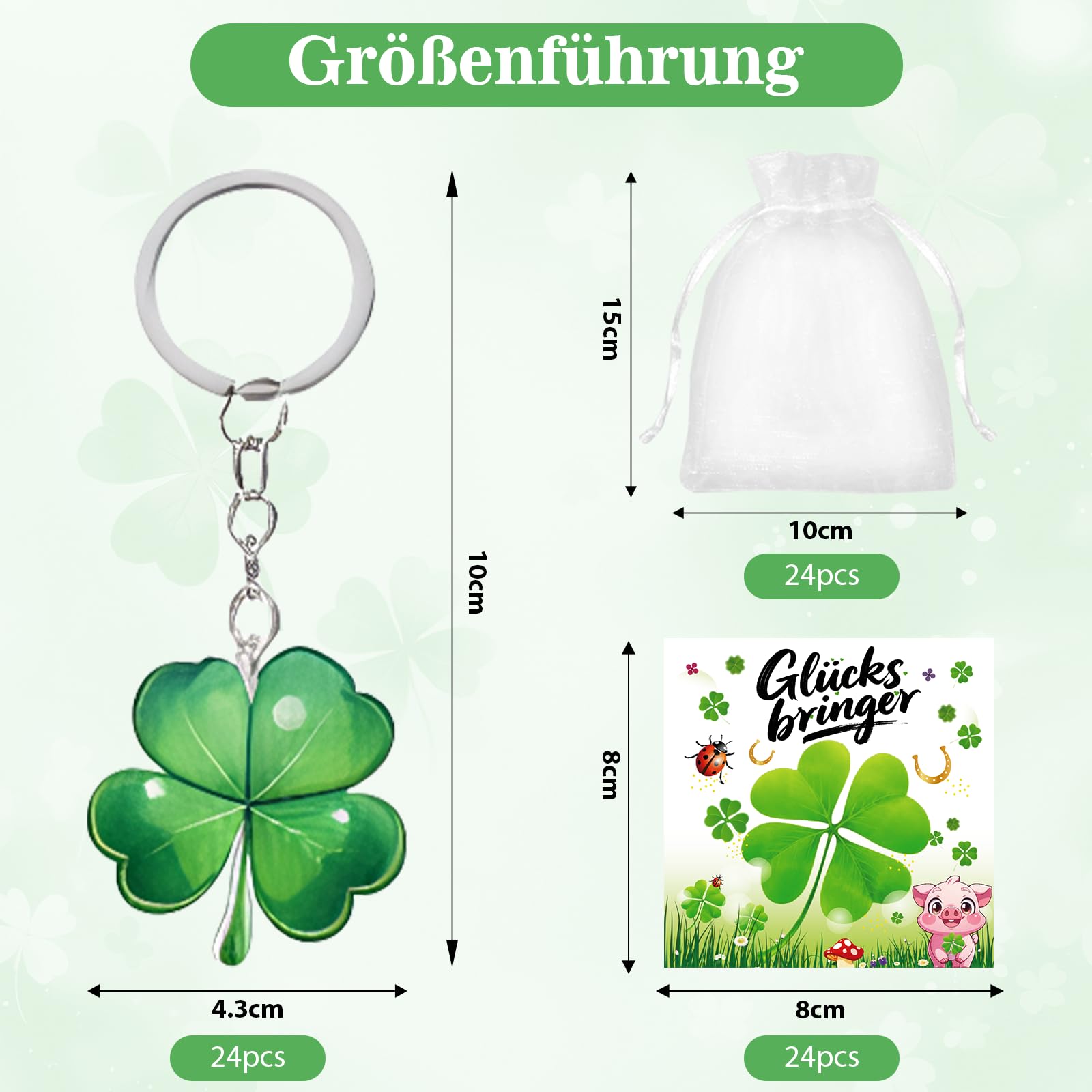 OuMaiFeng 24 Stück Acryl Kleeblatt Glücksbringer Schlüsselanhänger Set,Abschiedsgeschenk Schüler,Abschiedsgeschenk Kollegen,Grußkarte und Organzabeutel,Party Mitgebsel,Geschenke für Freunde Familie