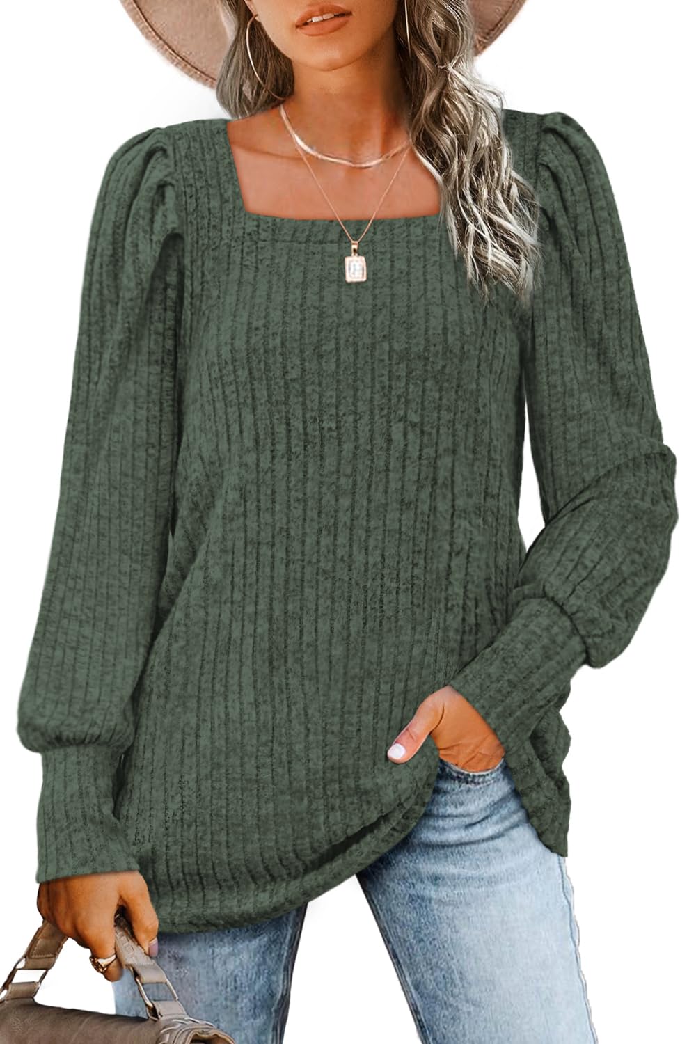 WIHOLL Long Sleeve Shirts for Women Trendy Casual Square Neck Tops Lightweight Sweaters