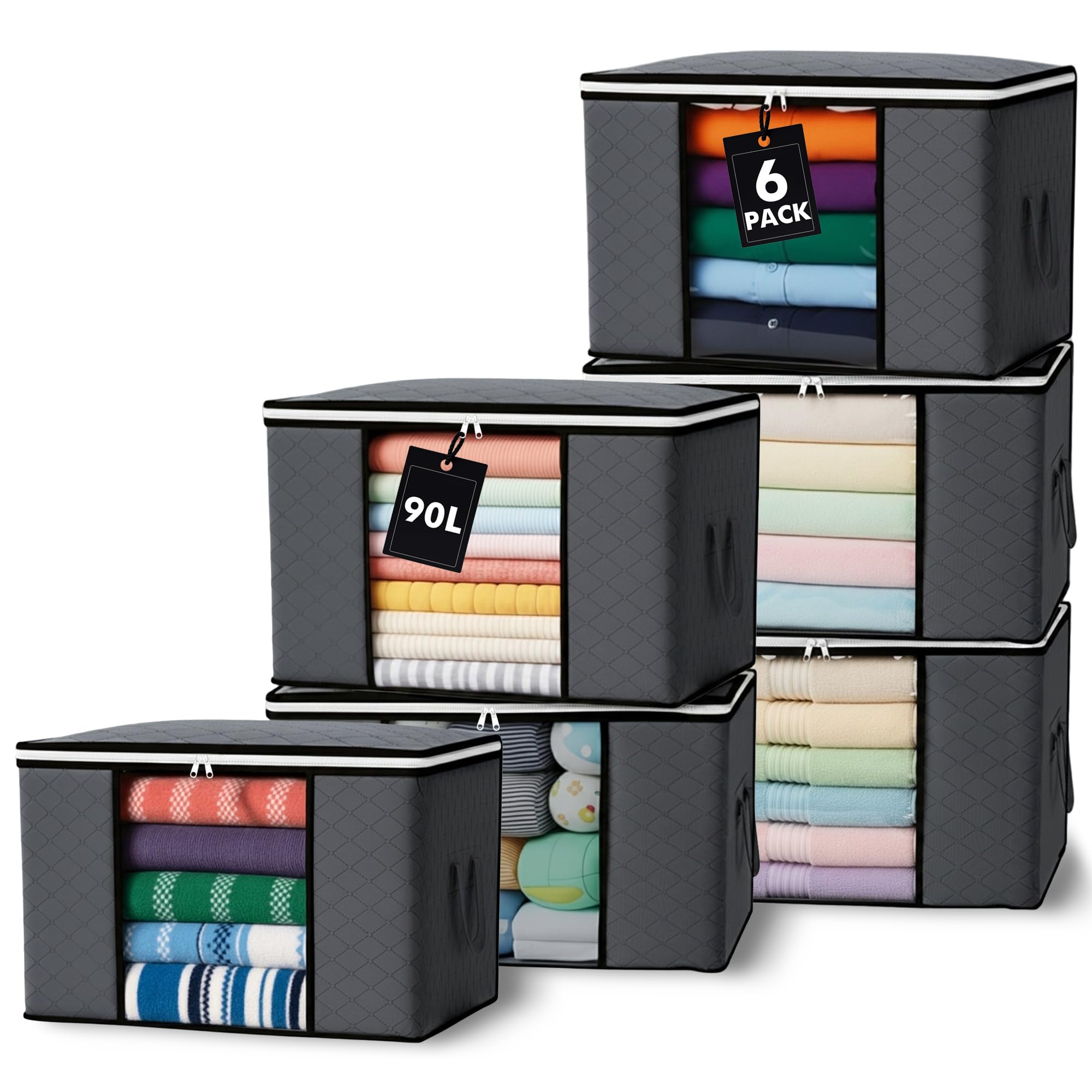 MORIVO 90L Storage Bags, 6Pack Large Capacity Clothes Storage Bags with Zips, Foldable Clothing Storage Boxes with Lids & Reinforced Handles Breathable Thick Fabric for Comforters, Blankets, Bedding
