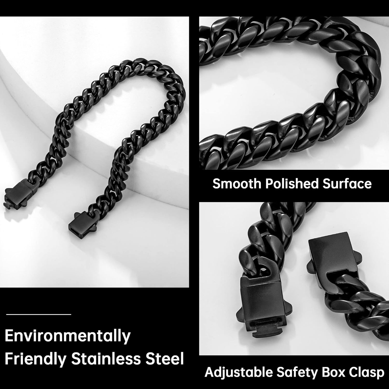 murtoo Mens Cuban Link Chain Bracelet, 6/8/12MM Stainless Steel Bracelets for Men Silver Black Gold, Hip Hop Link Bracelet with Detachable Clasp Gift for Men Him