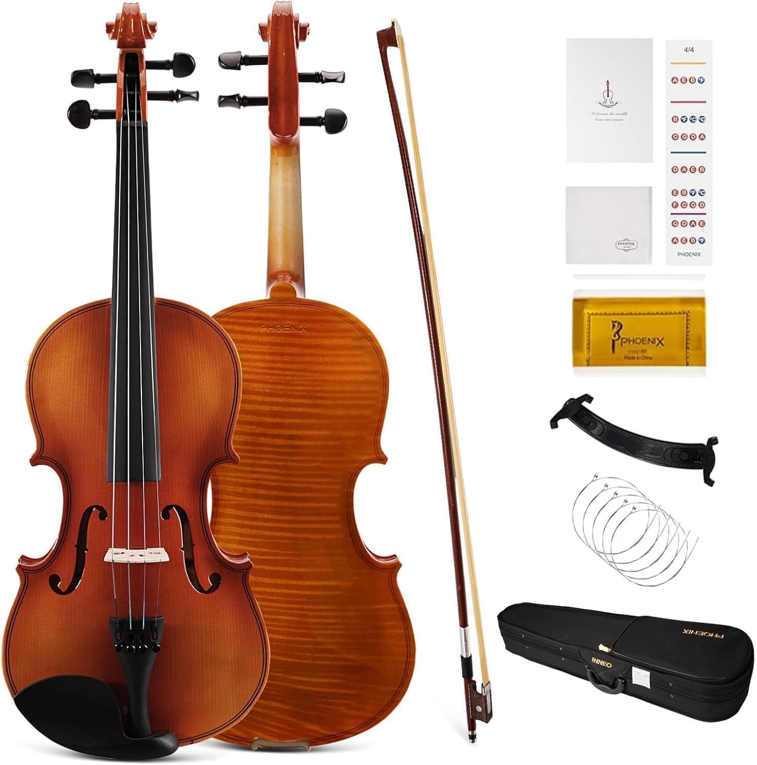 PHOENIX Violin 4/4 Full Size Kit, Violin Fiddle Set for Beginner Adults Student with Rosewood Bow Extra Strings & Bridge (Natural, 4/4)-picture-25