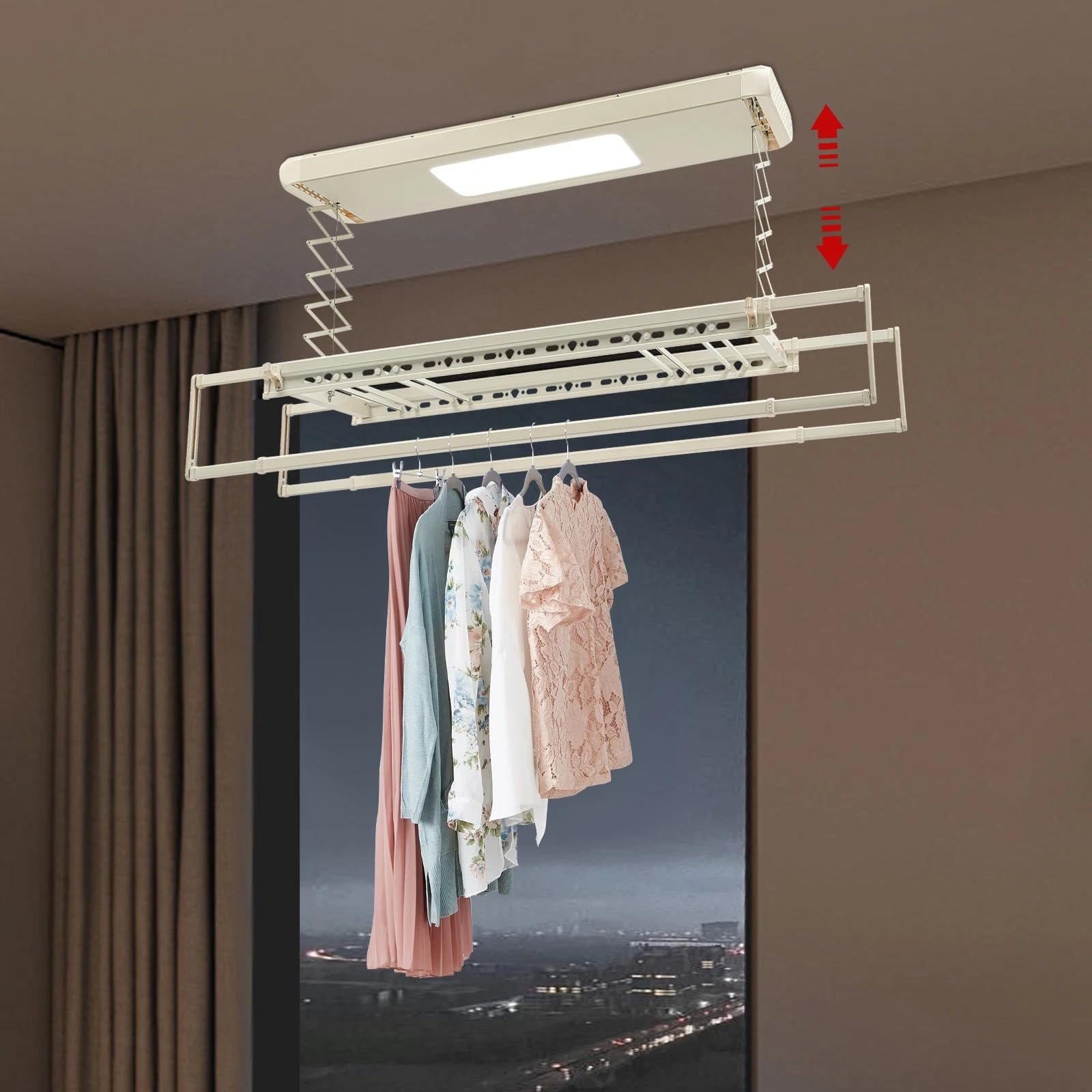 Elektrischer Vertikaler Wäscheständer Deckenständer Deckenmontage Für Wand und Decke Mit Beleuchtung und Fernbedienung Platzsparend Zusammenklappbar Aluminium und Stahl Für Wäscheteile/Bettwäsche