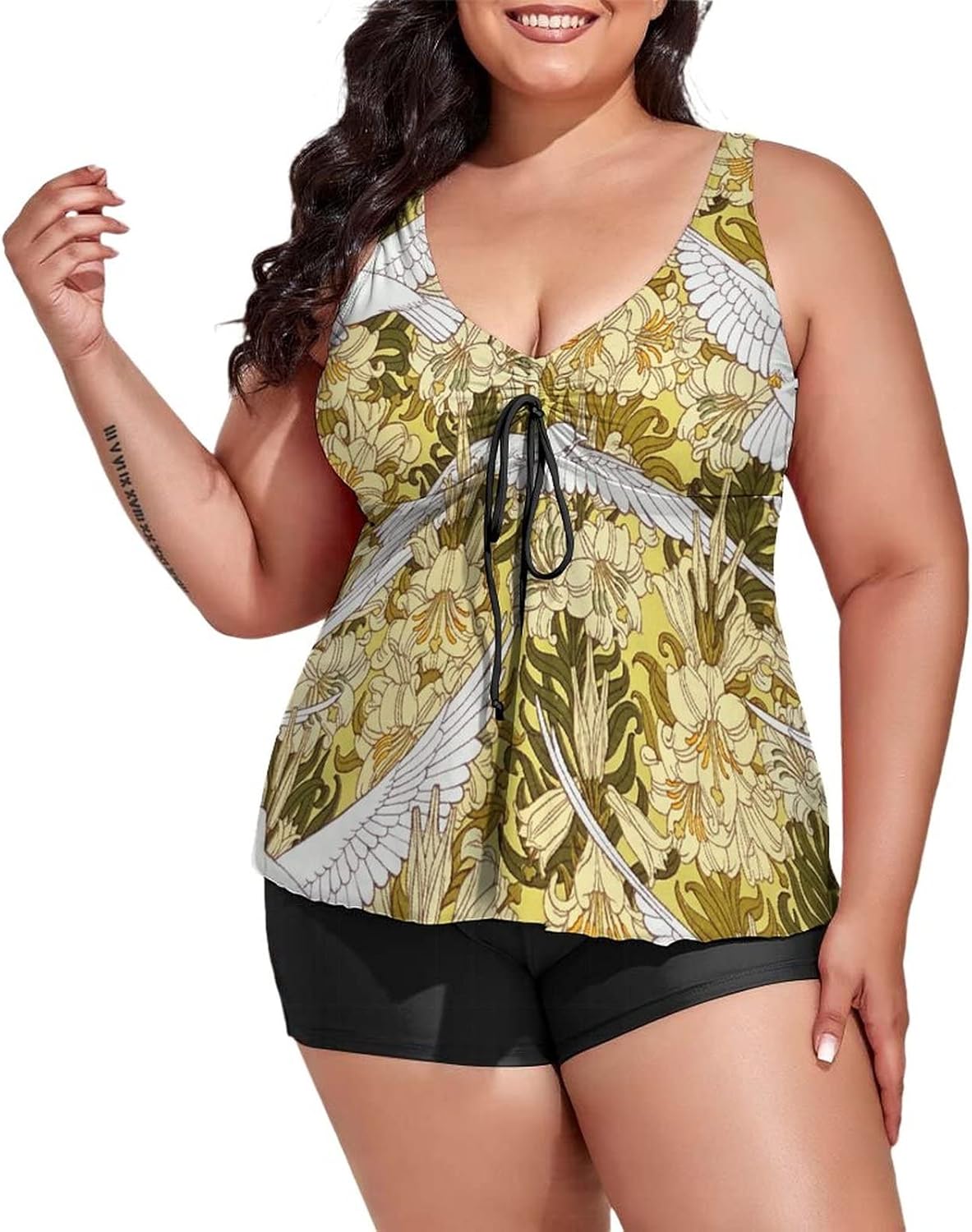 Women Plus Size Tankini Swimsuit Floral Flower Women's 2 Pieces Swimdress Bathing Suit with Boyshort Tummy Control Swimwear