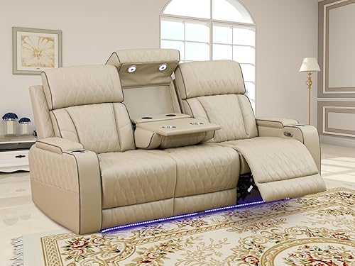 Miniatura 35 de Juego de sofá para sala de estar, sofá de dos plazas con consola de almacenamiento, portavasos, luz LED, puerto USB para apartamento, oficina