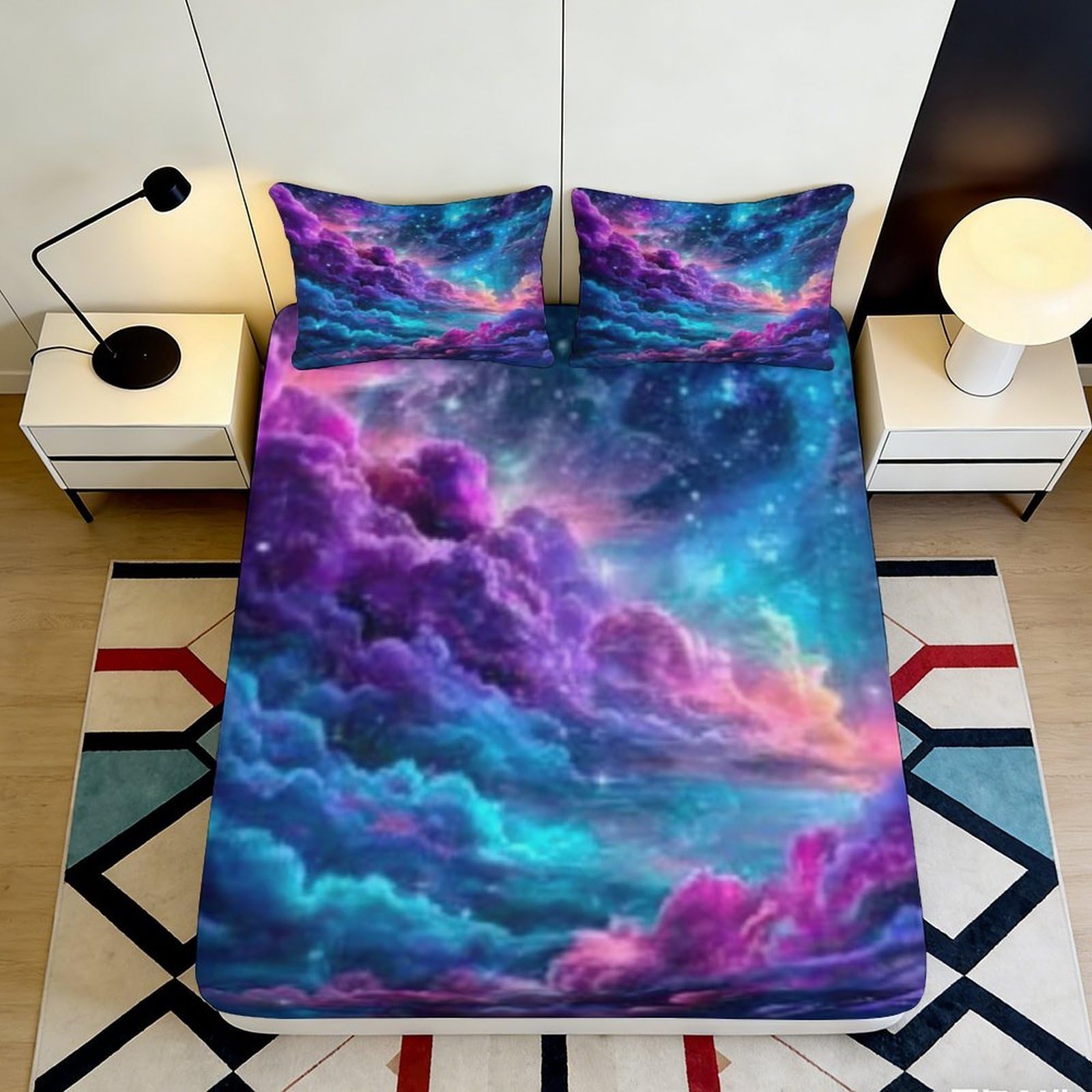 3D Printed Galaxy Starry Sky Fitted Sheet Microfiber Deep Pocket Mattress Cover Nebula Decor for Bedroom Dorm 200x200x25cm