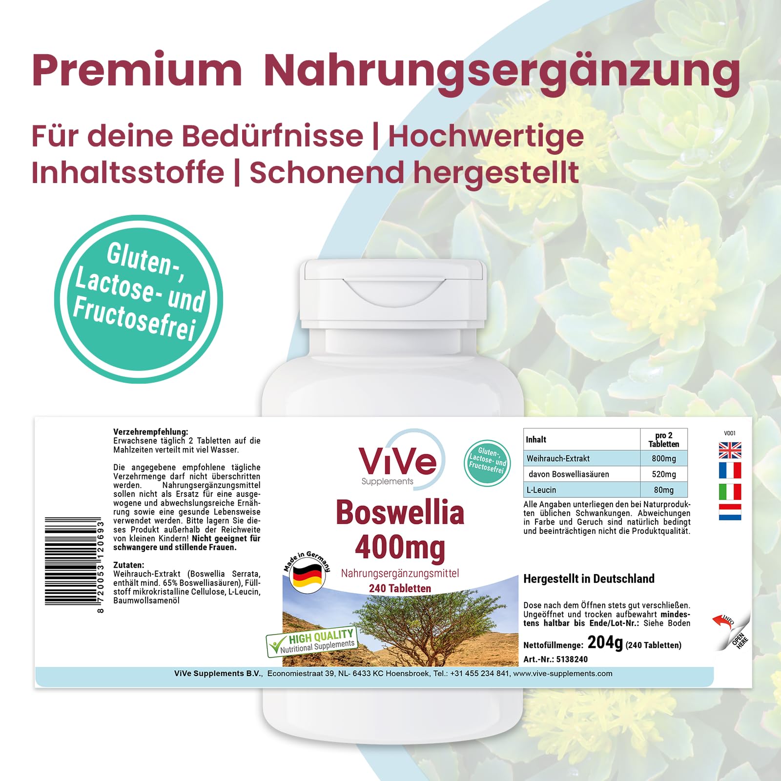 Weihrauch 400mg Tabletten - 240 Tabletten - Boswellia serrata - Hochdosiert - Vegan | Qualität aus Deutschland von ViVe Supplements