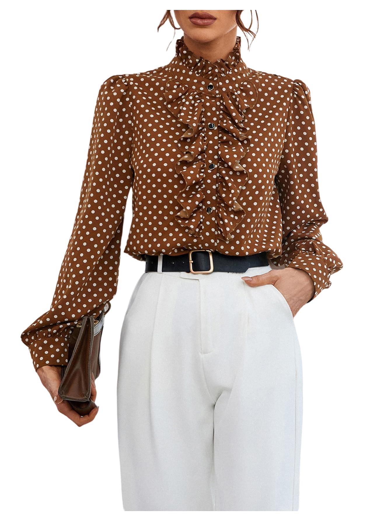 Photo 1 of [Missing 1 Button] Floerns Women's Ladies Polka Dots Long Sleeve Ruffle Button Down Business Dressy Casual Office Shirts Blouses Tops Coffee Brown Large