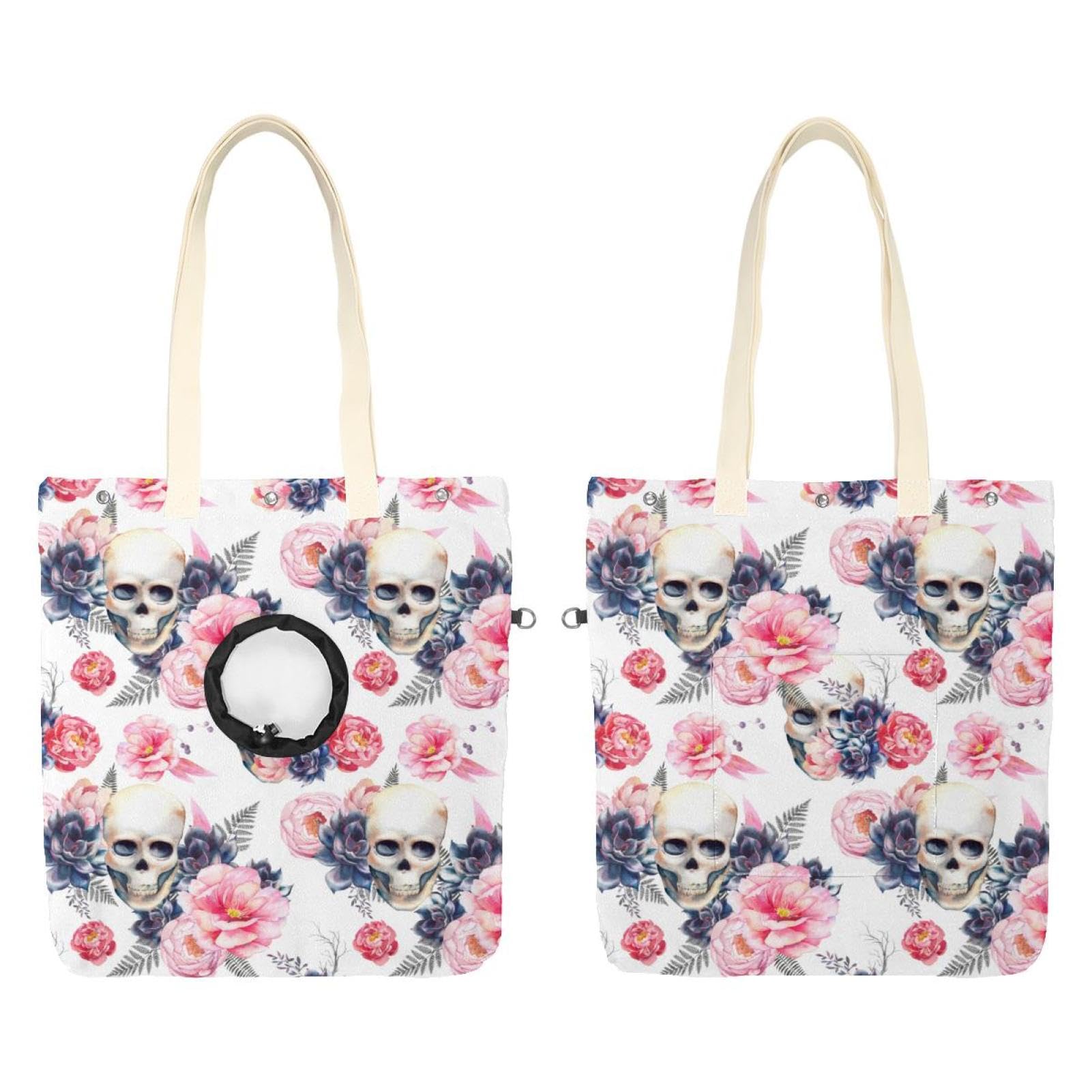 Sac de transport mains libres pour chat motif tête de mort et pivoines aquarelle ultra léger