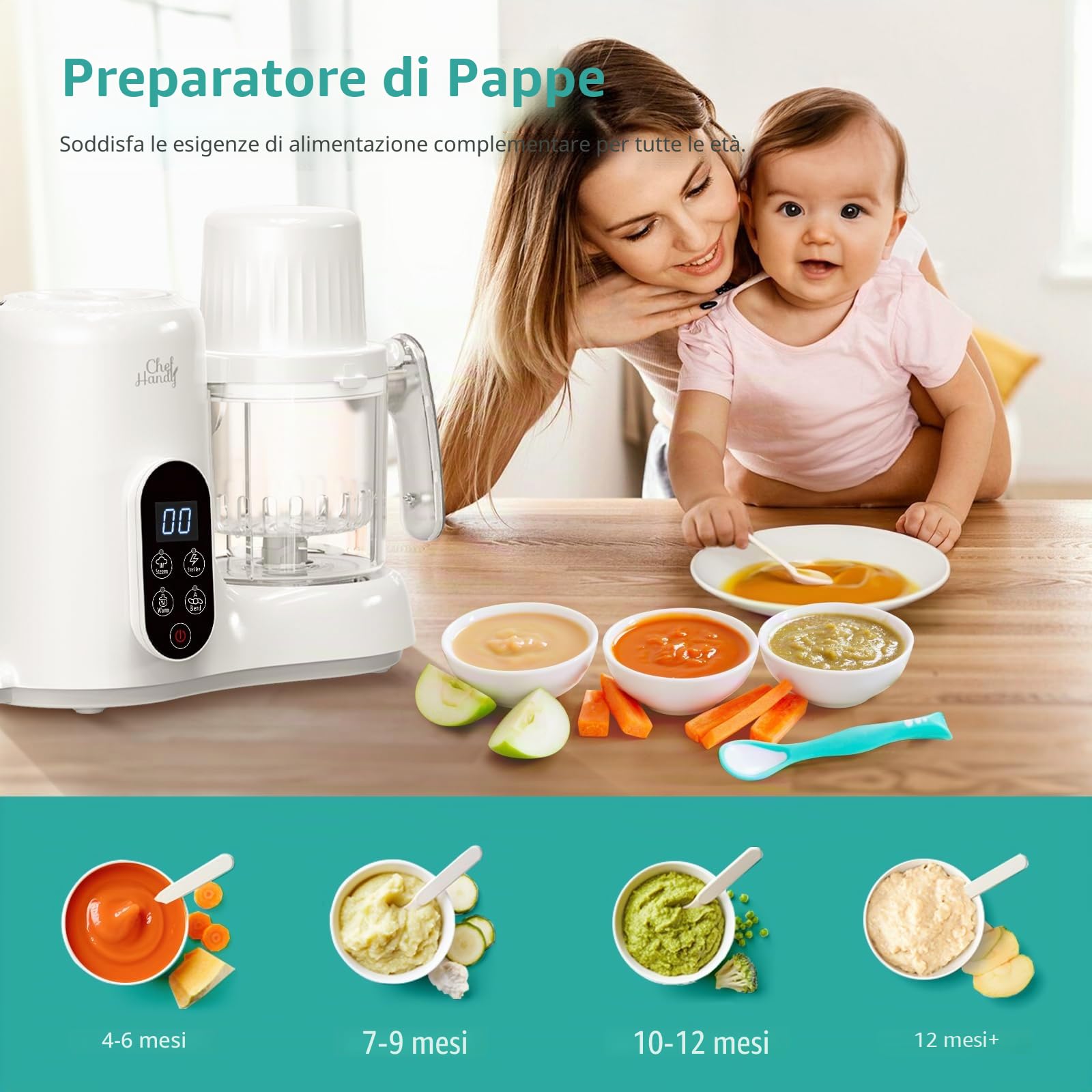 Chefhandy Preparatore 5 in 1 per Alimenti e Porridge per Bambini con Vaporizzatore, Cestello a Vapore, Miscelatore Automatico, Scaldabiberon, Schermo Touch Bianco