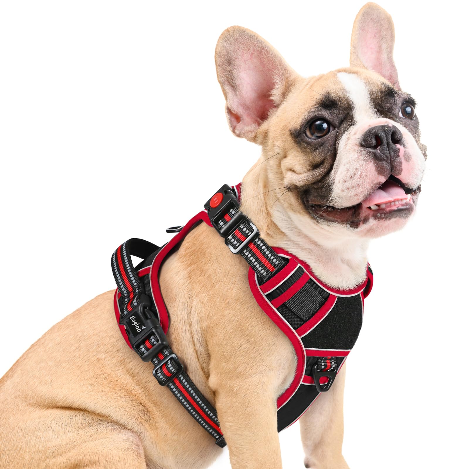 Dog Harness Medium Sized, Easy Wearing with 3 Buckles, Adjustable No Pull Pet Harness with 2 Rings for Walking, No Chock Reflective Soft Padded Vest with Control Handle, Black & Red, M
