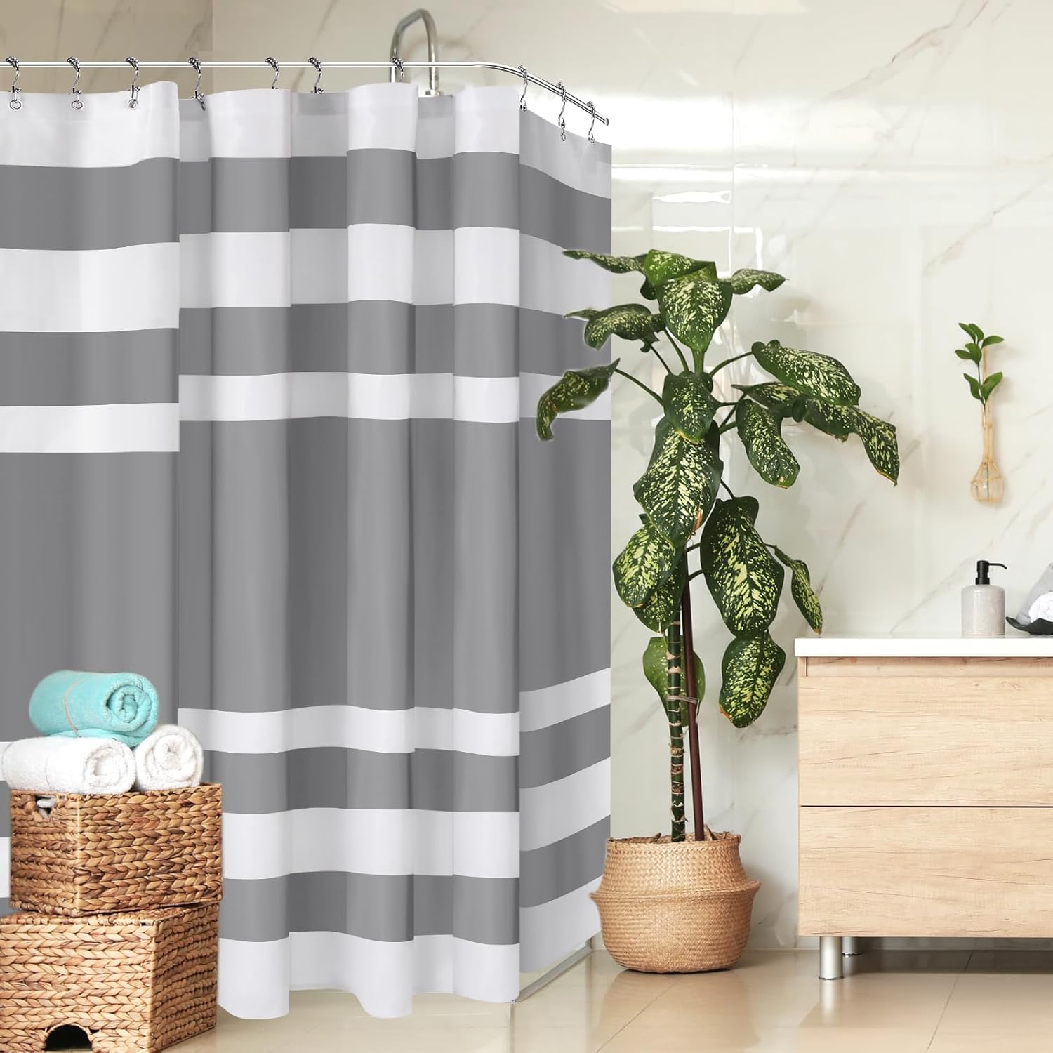 Tranqun 3 In1 Boho Farmhouse Waterproof Shower Curtain with Clear Liner Set, 12 Stainless Steel Hook, Striped Tassel, EVA Liner Fabric Shower Curtains for Bathroom Rustic Decor, 71" x 71"(Gray)