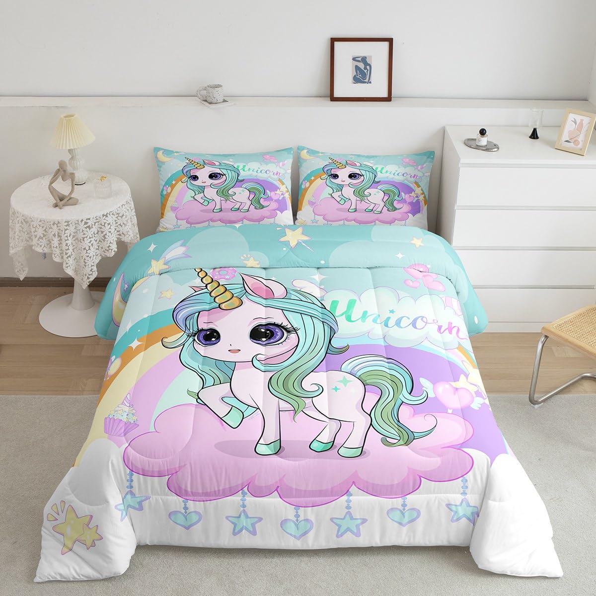 Feelyou Cute Rainbow Unicorn Comforter Set Twin, Girls Unicorn Bedding Set Fairy Dreamy Horse Comforter Kids Toddler Cute Animal Decor Duvet Set with 1 Pillow Case