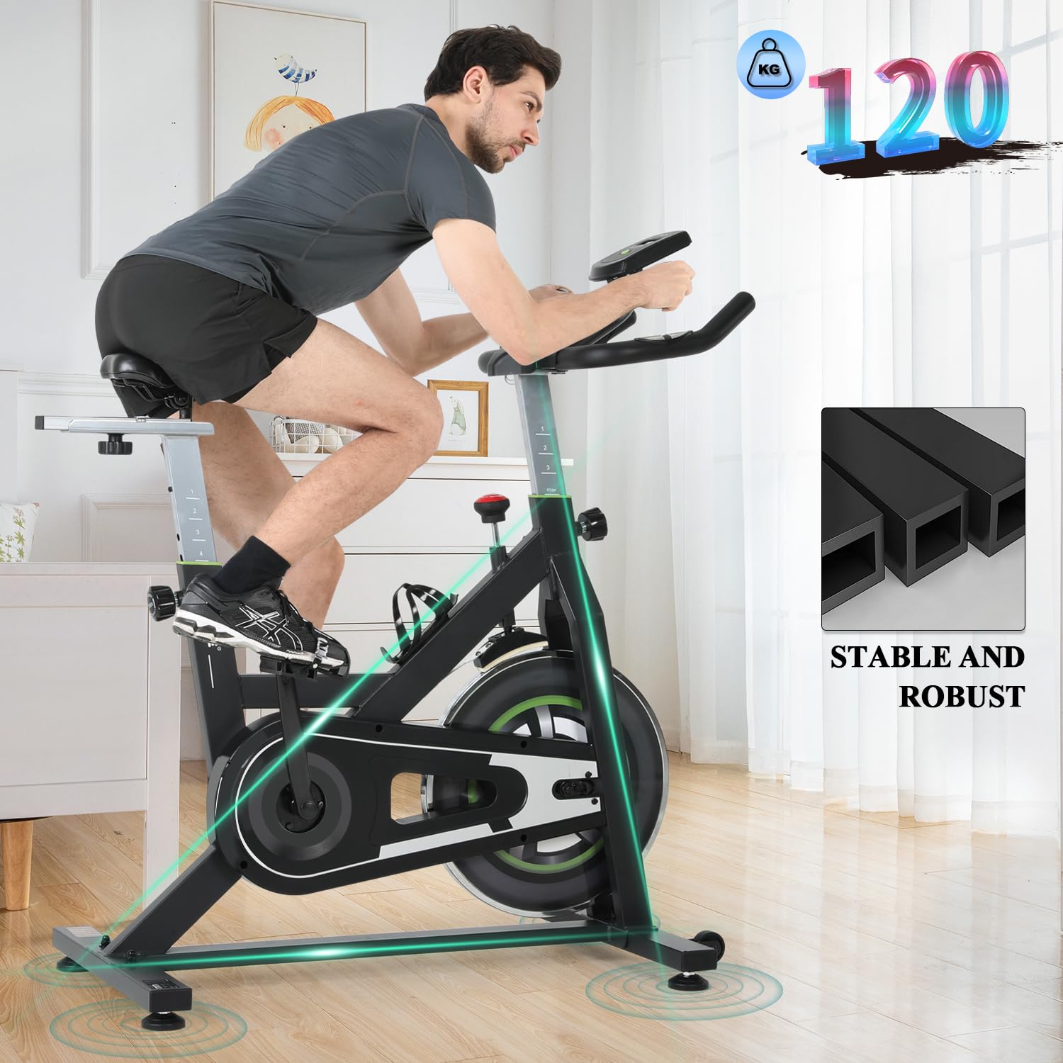ISE Cyclette Da Casa con Resistenza Regolabile, Cyclette Per Casa con Sensore di Impulso, Porta Celullare, Ruote di Trasporto, Ciclette Per Casa, Cyclette Professionale Sedile e maniglia regolabil