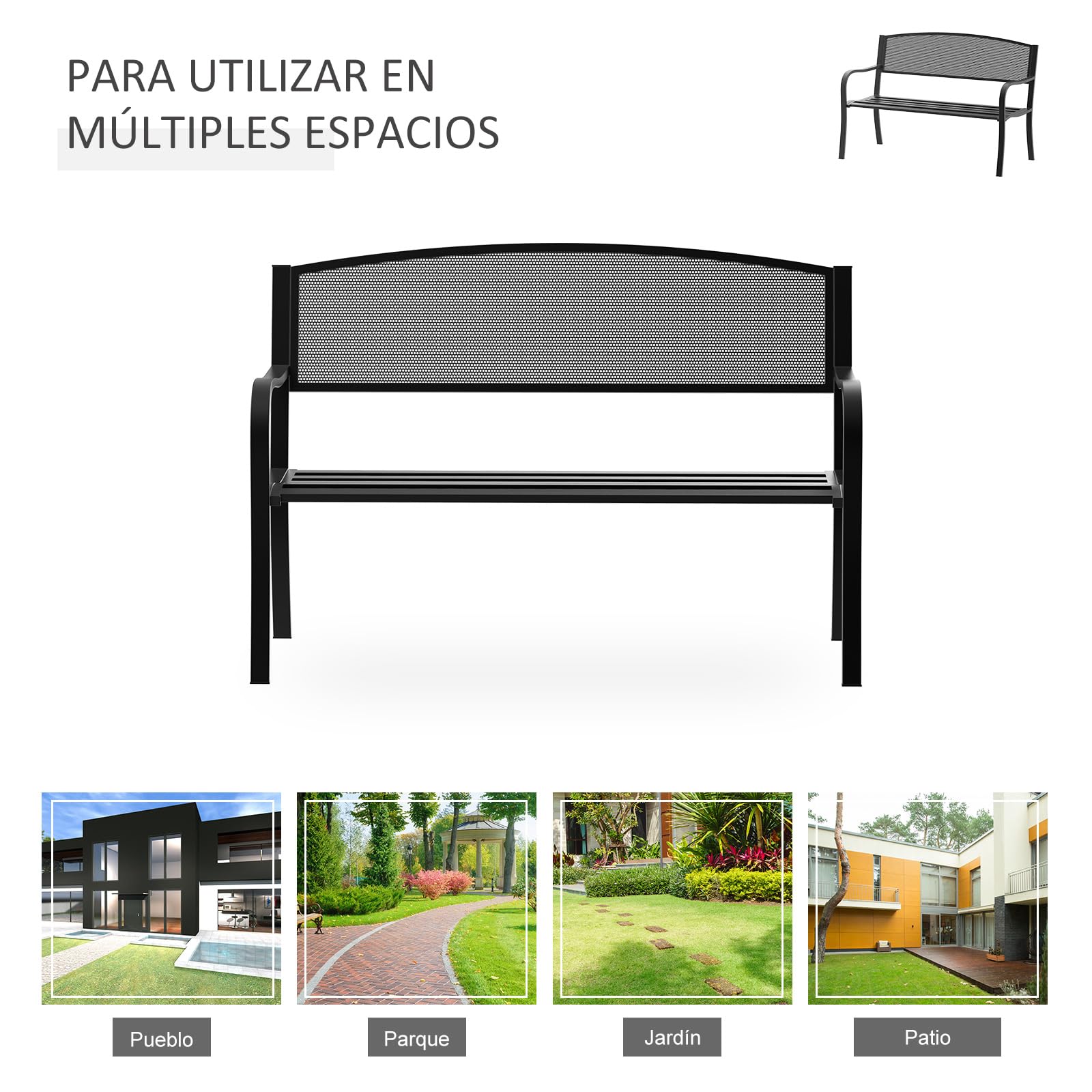 Outsunny Banco de Jardín de 2 Plazas Banco Exterior 127x60x87 cm Negro | Respaldo de Malla de Acero, Carga 240 kg, para Patio Terraza Balcón