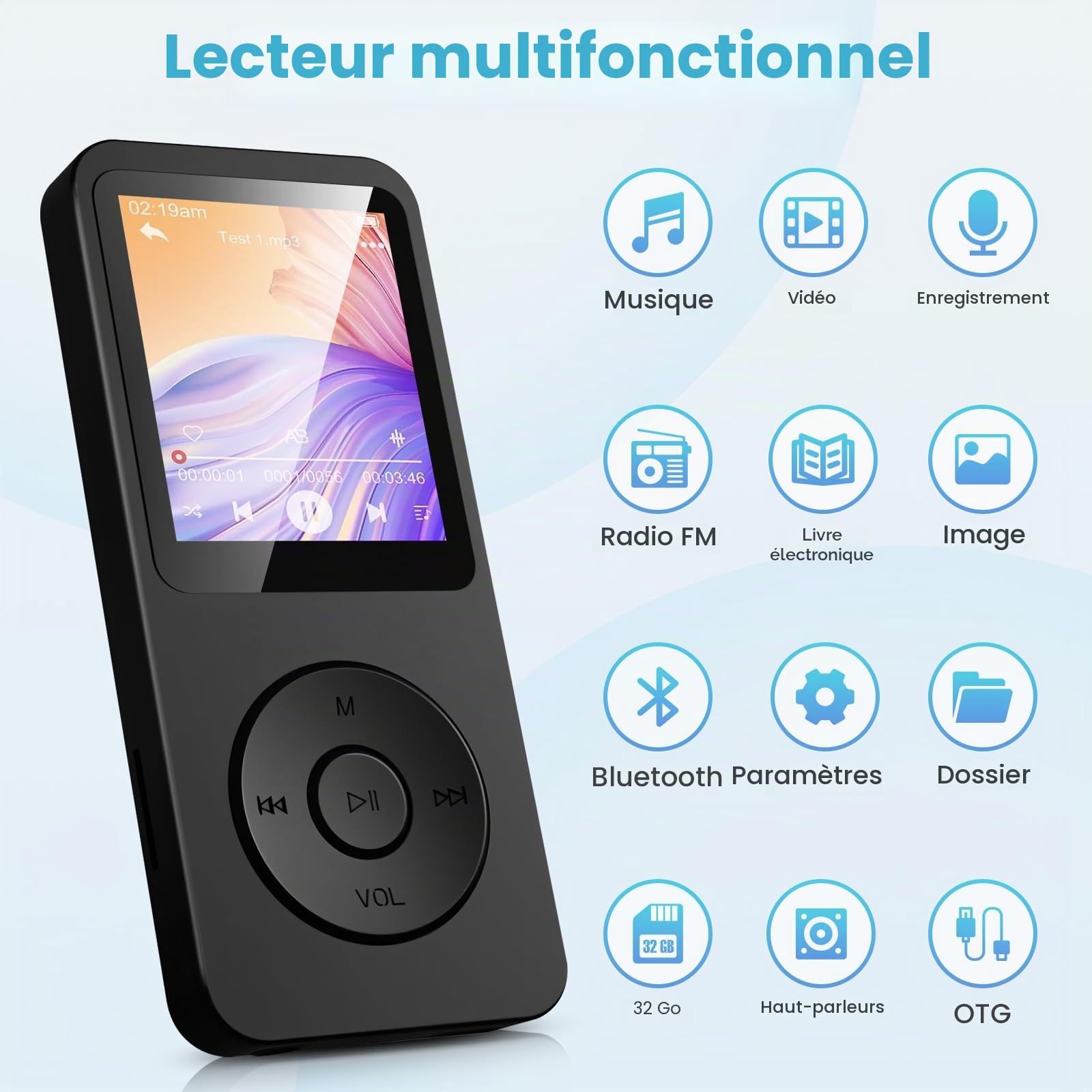 32Go Lecteur MP3 Classique - Bluetooth 5.3 Lecture Musique sans Perte Hi-FI Petit Baladeur MP3 Sport mit Kopfhörer pour Enfant/Adulte Super Léger 30g, Carte TF Jusqu’à 128G -Noir