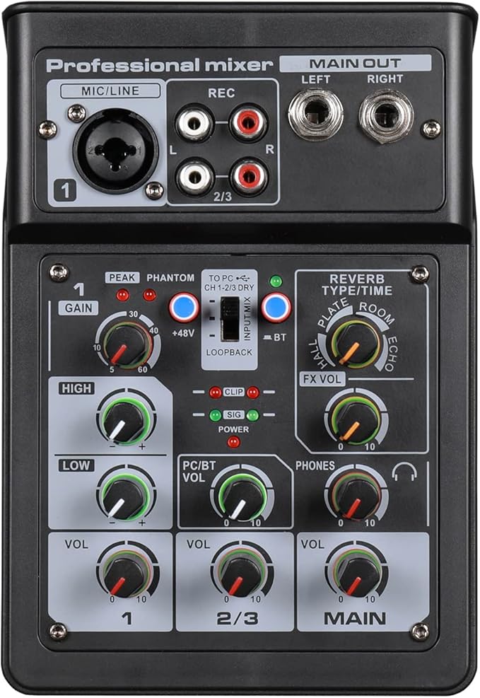 Henniu 3 Channel Audio Mixer BT Digital Stereo Sound Board Console