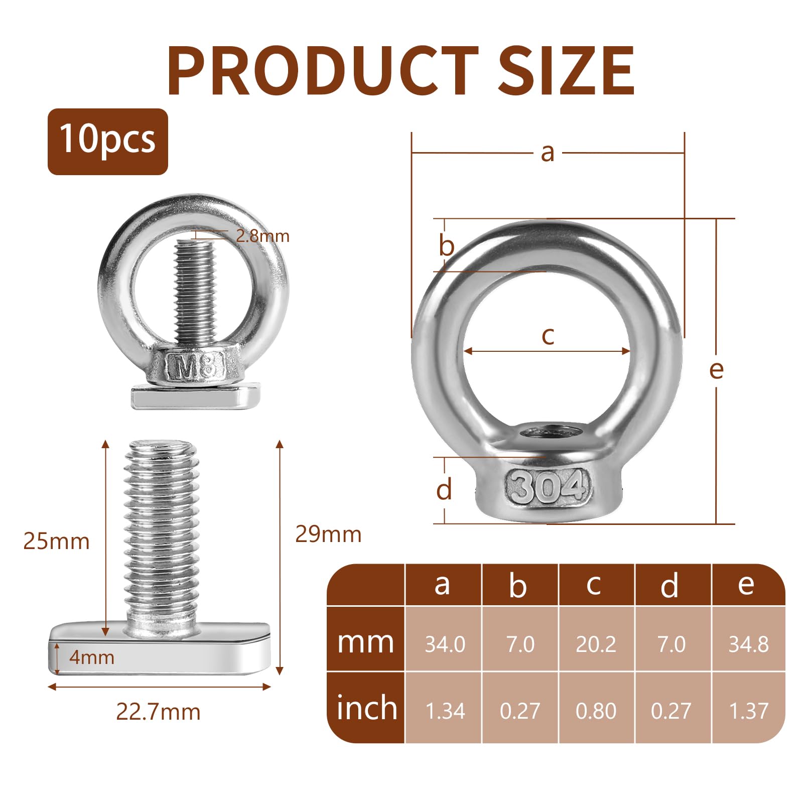 EXLECO 10 Piezas Tuerca de Anillo M8*25mm Tornillo de Ojo de Elevación Acero Inoxidable Hembra Sujetador de Tuerca con Anilla Roscada