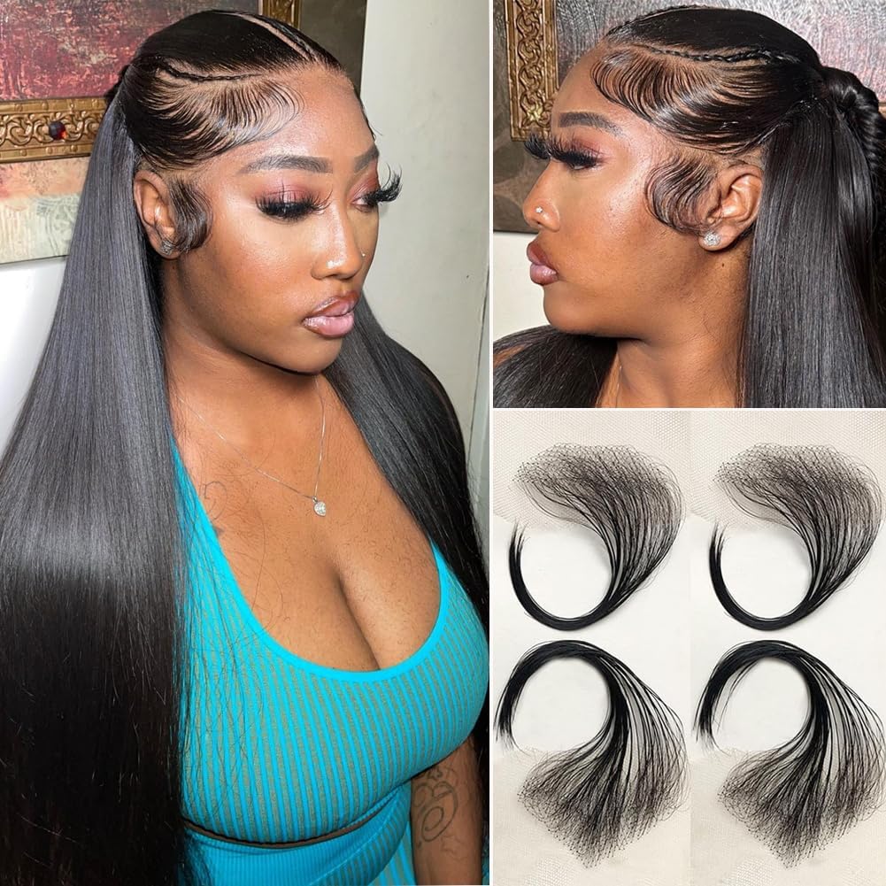 Edges Hair HD Lace Strips for Women - Reusable Invisible Lace Hairline with 4 Pcs Natural Handmade Real Human Hair Pieces, Black Color