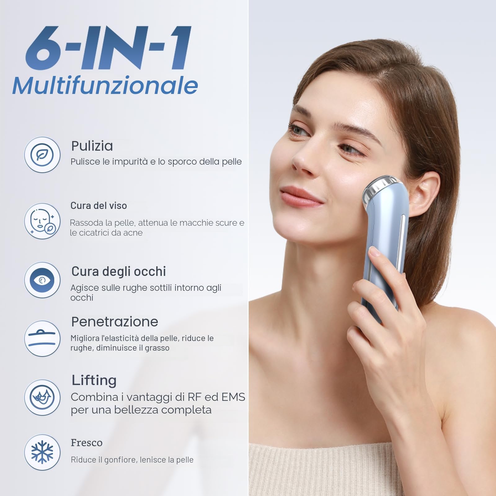 Radiofrequenza Viso e Corpo 2MHz, Massaggiatore Antirughe Viso Lifting con EMS 90kHz, Dispositivo Anti-Età (Blu)