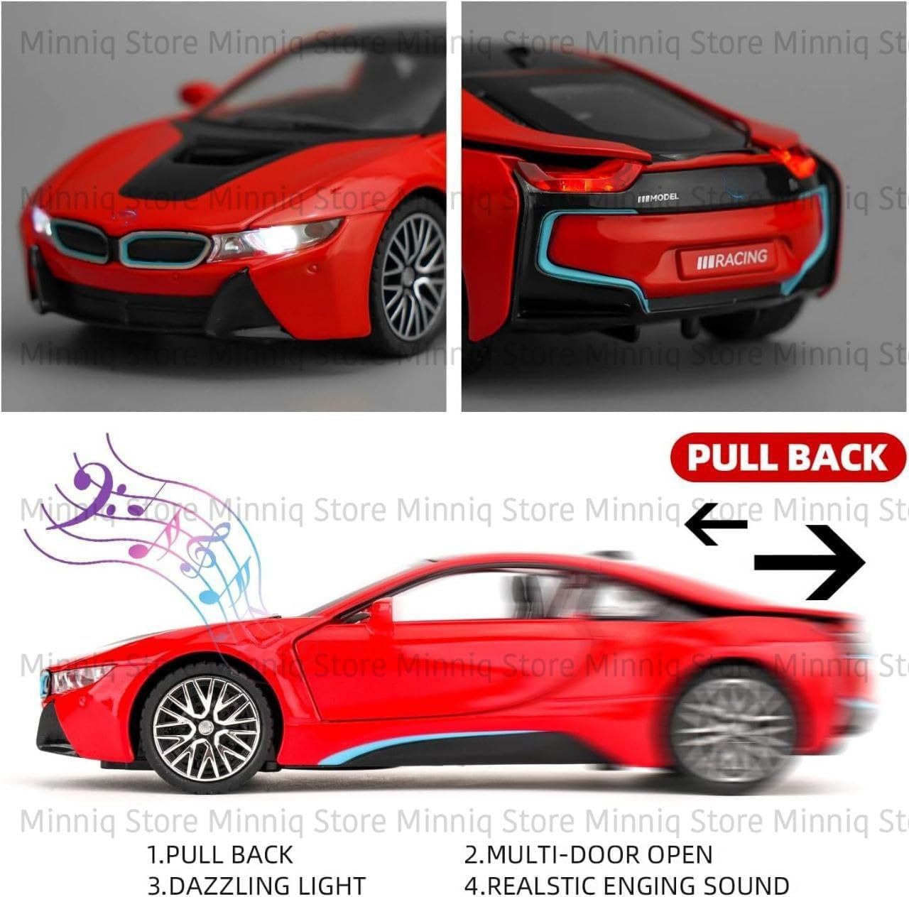 Advisian store Scale Exclusive Alloy Metal Pull Back | Die-cast Car Model with Sound Light Mini Auto Toy for Kids Metal Model Toy Car with Sound and Light (1.32 Scale B-M-W I8-RED) 2
