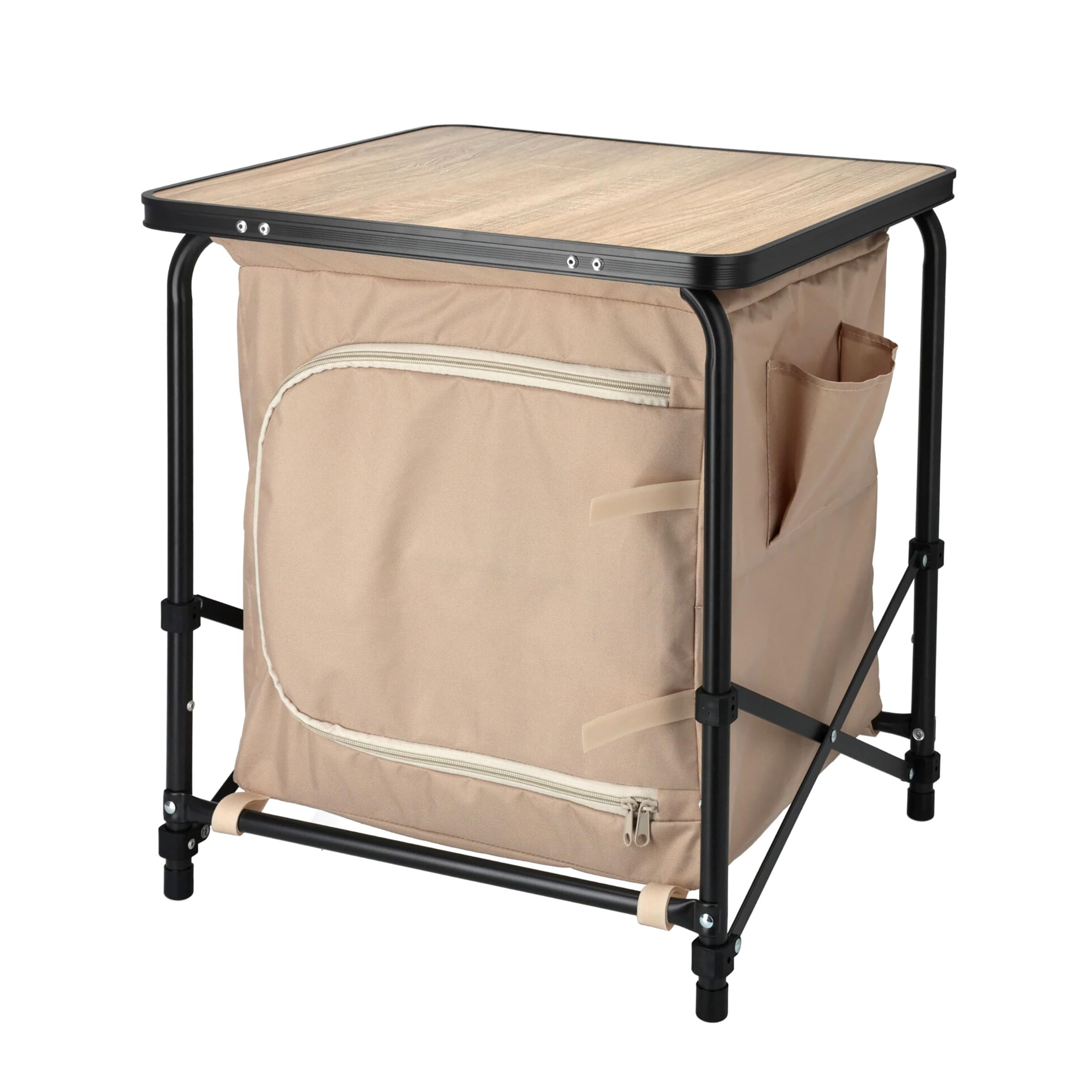 Armario de camping 2 en 1 de tela, plegable, con bolsa de transporte, 53 x 48 cm, mesa de camping con tablero en aspecto de madera, armario plegable para jardín, armario multiusos