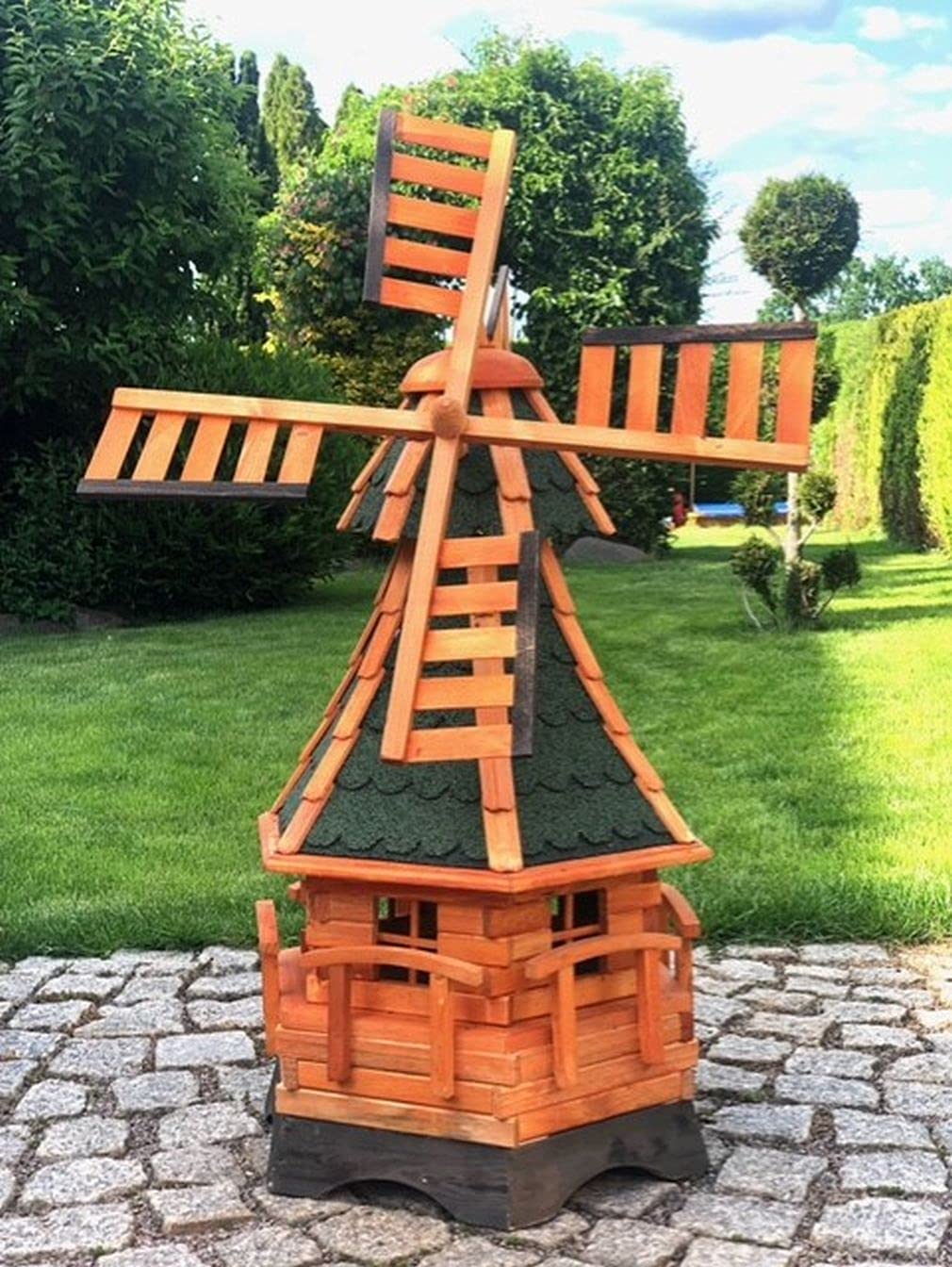 Molino de viento hexagonal hecho a mano para jardín, de madera, rodamiento de bolas, marrón/verde, altura 95 cm