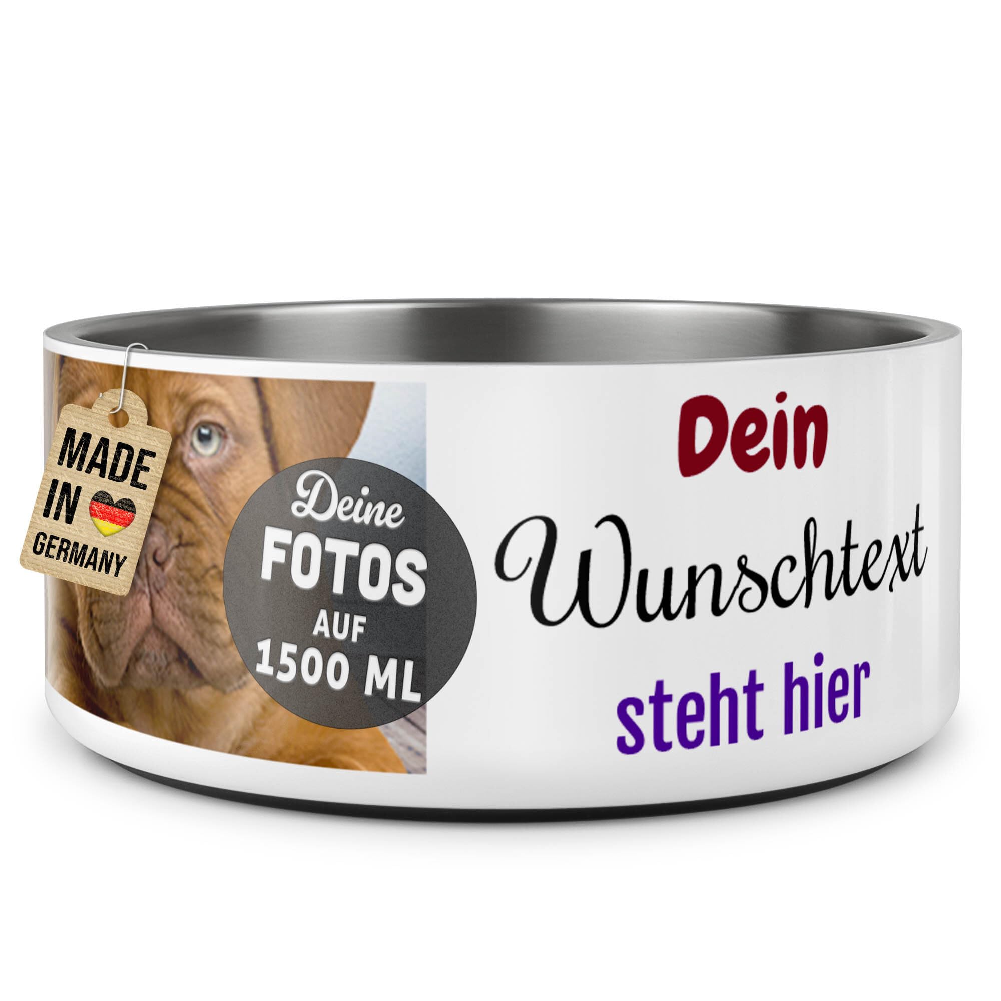 PR Print Royal Hundenapf personalisiert zum selbst gestalten mit Foto-Collage für 2 Fotos & Text - Wassernapf, Fressnapf Hund - Geschenke für Hundebesitzer | Edelstahl, rutschfest 1500 ml