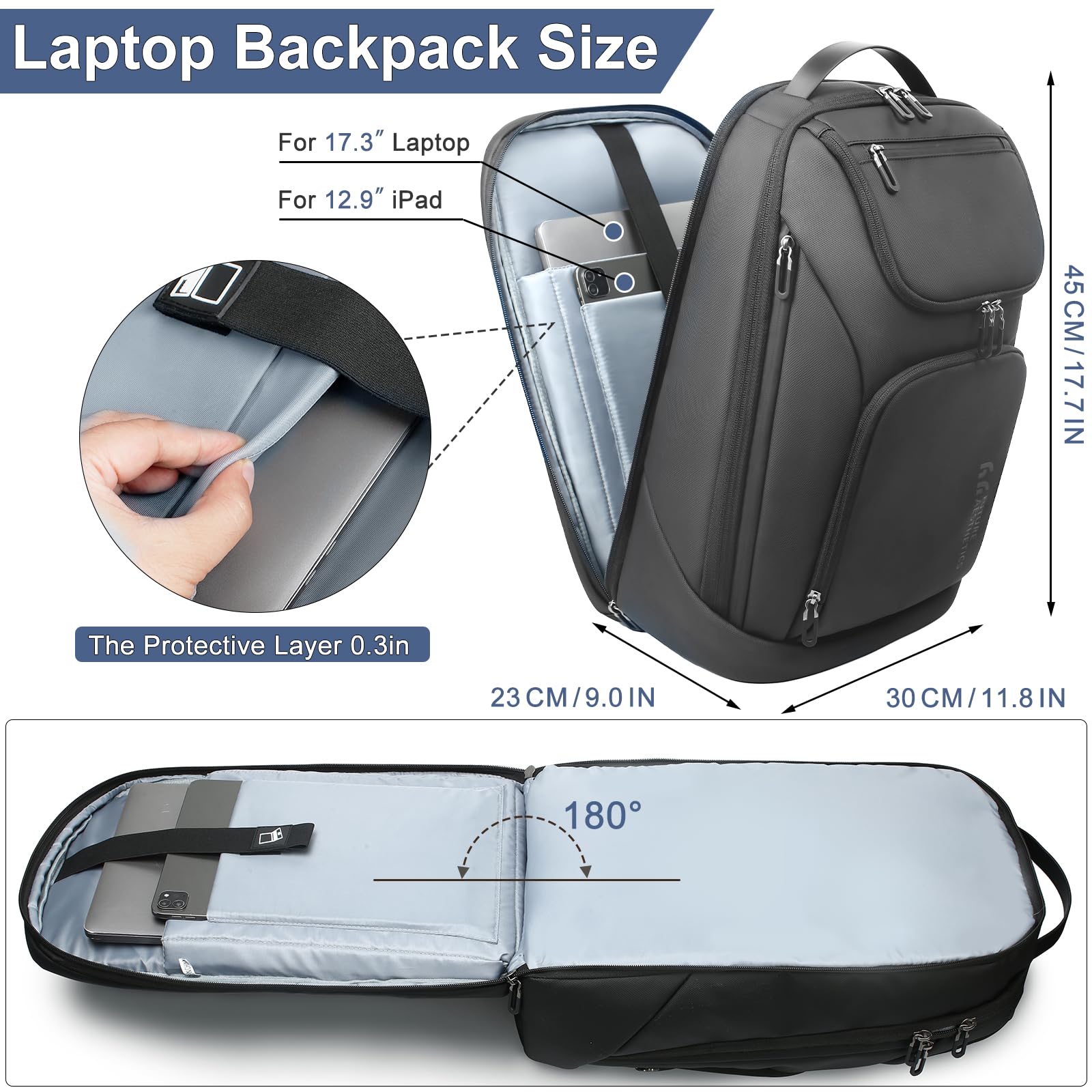 Mochila de Negocios Ordenador Portátil Laptop 17,3 Pulgadas | Grande para Hombre con Puerto USB Resistante al Agua Ultraligero Antirrobo Oficina Trabajo Viaje 30L (Negro)