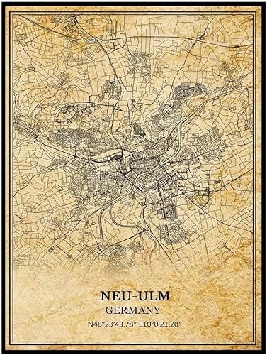 TANOKCRS Neu-Ulm - Póster de mapa vintage de Alemania, arte de pared, arte de ciudad, mapa de carretera, regalo de recuerdo de viaje, decoración del