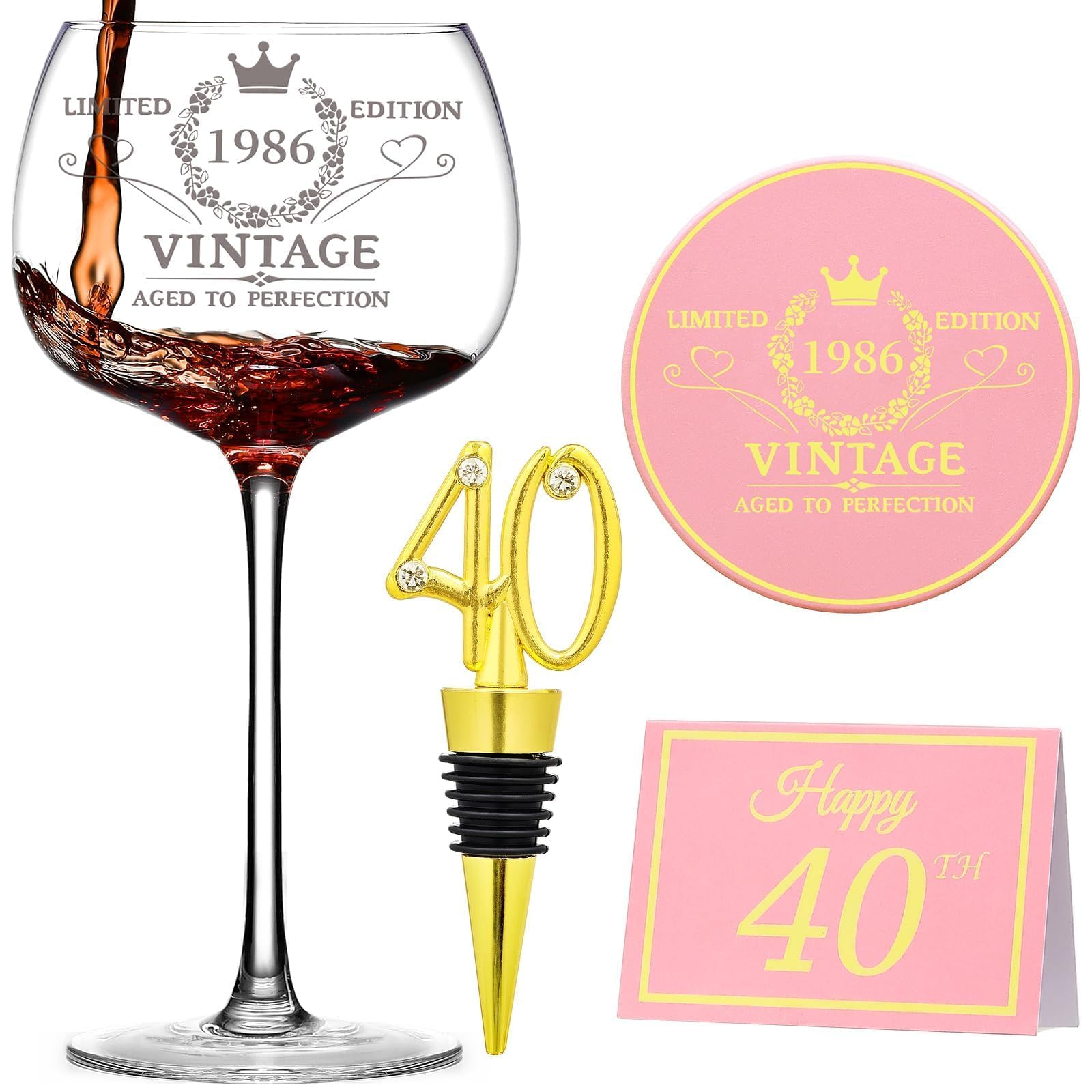 40th Birthday Gifts for Her - Limited Edition Wine Glass Gift Box Set​ - Unique 40th Bday Gifts Ideas for Women, Friends, Sister, Mom, Wife, Daughter - 40 Years Old Gift, Party Decorations Supplies